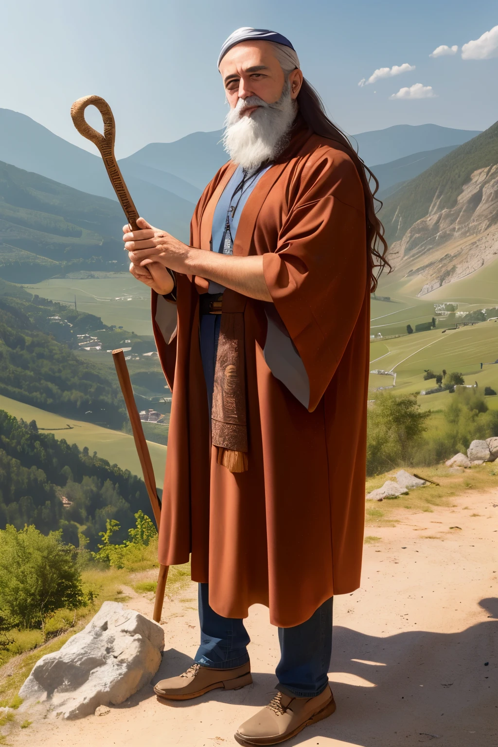 ((melhor qualidade)), ((obra de arte)), (detalhado), rosto peRefeito.
a long-haired, bearded Jewish man, without a hat, holding a snake-shaped copper and wooden staff, in brown-toned clothes, old and worn clothes, at the foot of a mountain in a Turkish landscape.