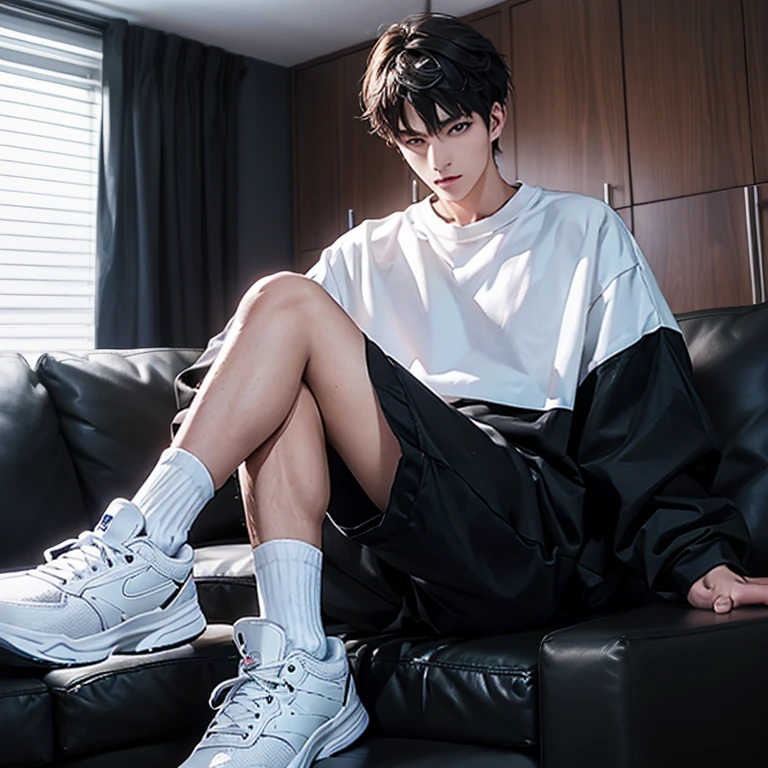 1 Korean young men，male，20 years old，High，Height 180 cm，Hair  medium length，Black sweatshirt，black long pantlack and white high top sneakers，White sport socks，Sitting on the sofa，legs open，Place your hands between your legadass anime 4k ，POV perspective，Proud，Cold，looking into camera，