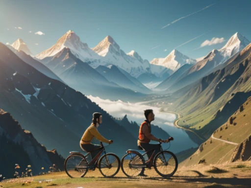 (a Belgian man:1.1,a Nepali woman:1.1),a couple,a bicycle ride,(early 60s),scenic landscape,beautiful mountains,serene atmosphere (best quality,4k,highres),(portrait:1.2),(photorealistic:1.37),(vivid colors),(soft warm tone),gentle lighting