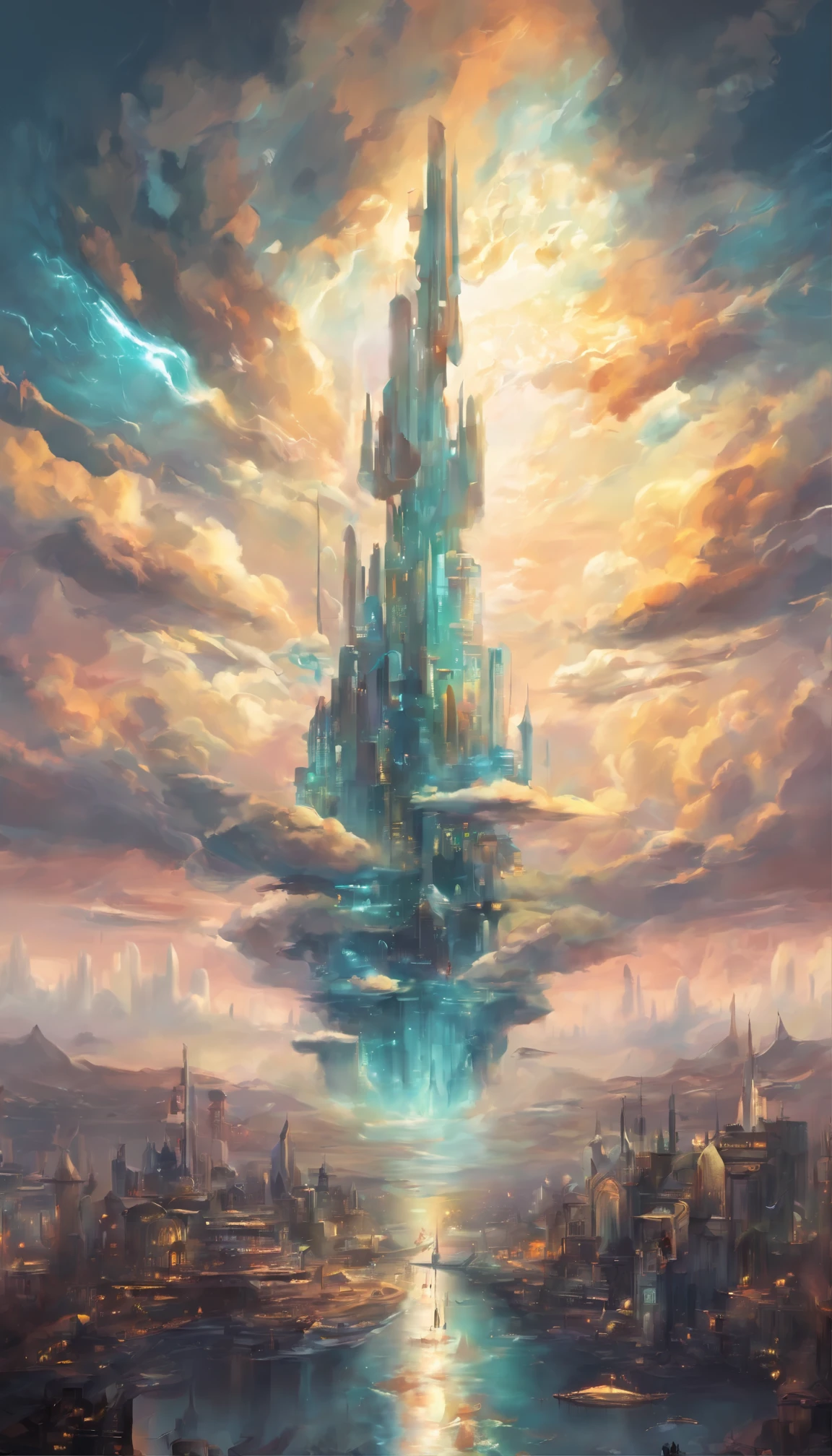 Generate an oil painting capturing the spirit of a floating, luminous city among the clouds, inspired by a utopian vision of the future