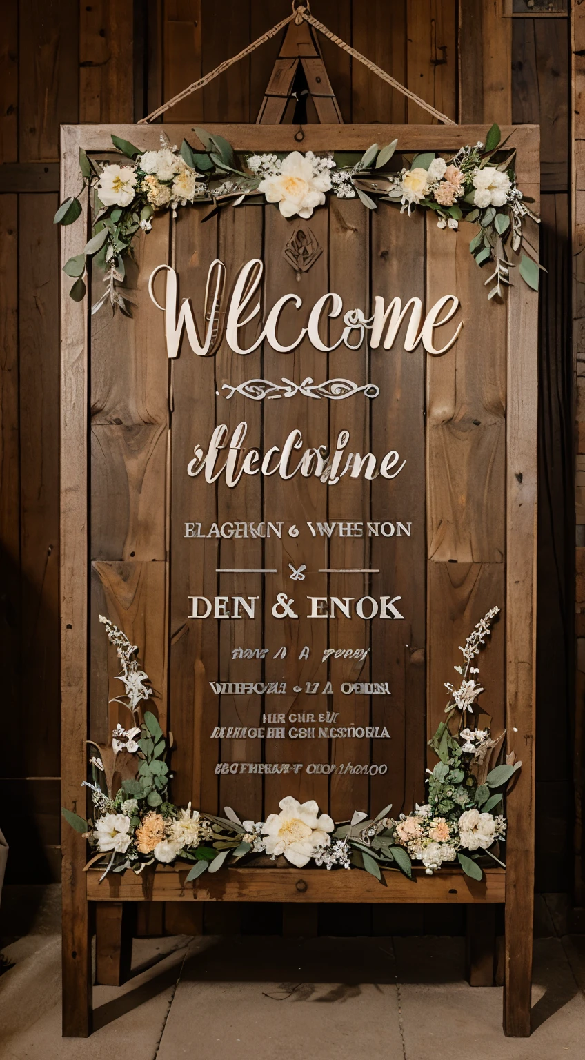 Design a wedding welcome sign immersed in rustic charm with wooden textures, delicate florals, and a handwritten script, setting the perfect scene for a countryside celebration.