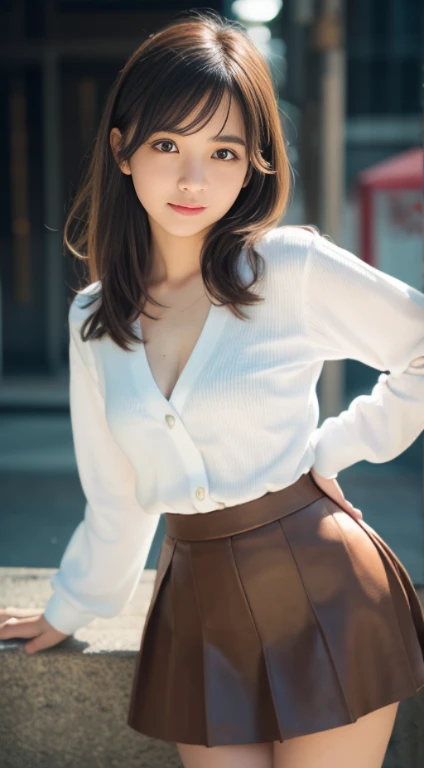 Echiechi,Low - Angle,Underwear flickering,white shorts,Skirt up with your hands,smile、night、Raw photo、(((ultimate beauty portrait)))、((glowing skin))、1 girl、 beautiful girl in Japan、bright look、((brown hair))、(cleavage)、(flare skirt:1.5)、((Big eyes that shine like jewels))、open cardigan、open your clothes、pantyhose、Glossy and glossy skin、(medium hair)、(silky ponytail hair)、( Are standing)、(from below)、under the skirt、(from below下着の接写)、eyeliner、beautiful bangs、hair between eyes、((masterpiece、最high quality、super detailed、film light、intricate details、High resolution、very detailed))、detailed background、8KUHD、Digital single-lens reflex camera、soft light、high quality、film grain、Fujifilm XT3 、shallow depth of field、natural soft light、Kamimei、rich bust