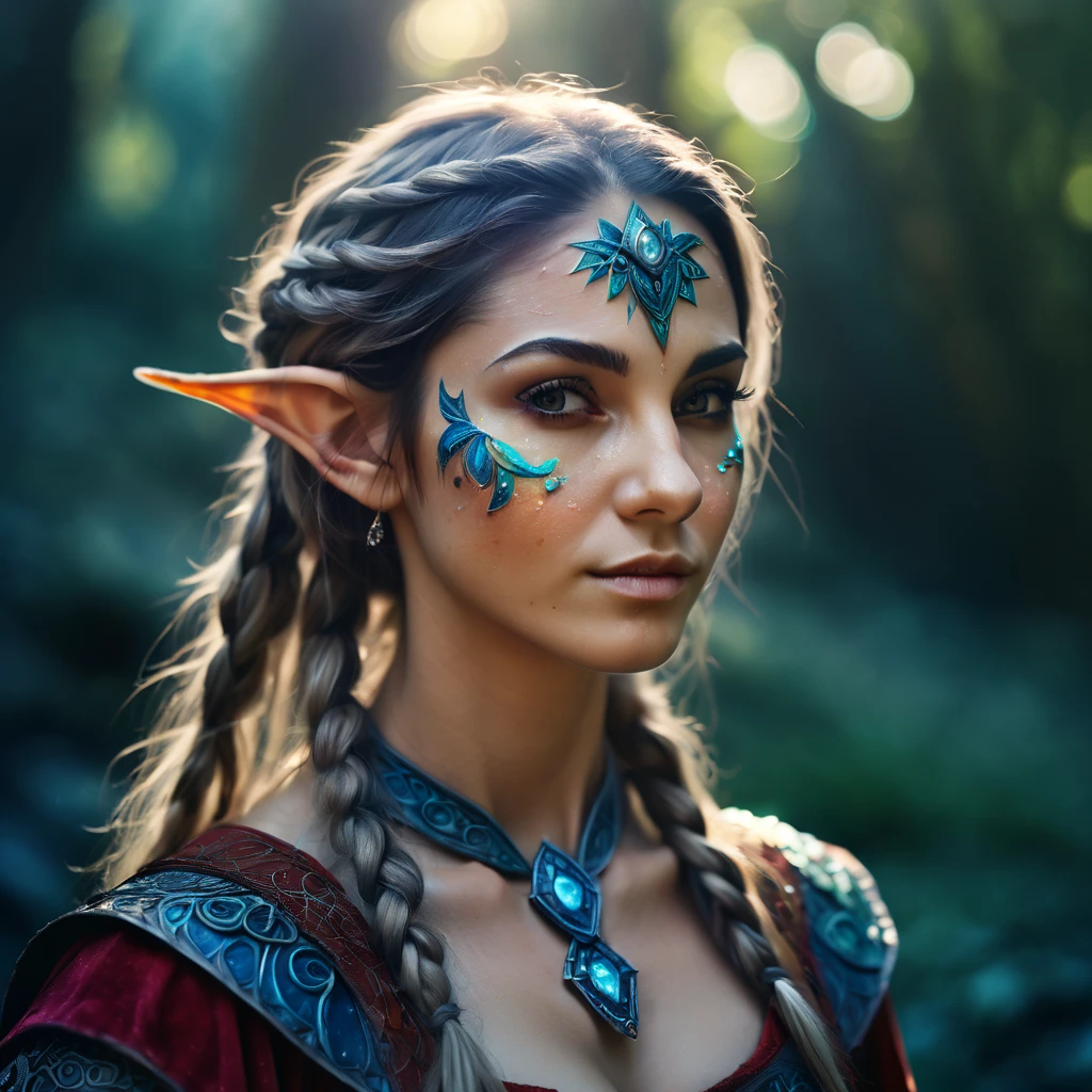 Marija. elf portraits, fantasy art, detailed features, vibrant colors, magical lighting, three side view, 1 side potrait,2 side close, 3 side in the batlle, photo collage) film grain, detailed pores and wrinkles on the skin film grain, detailed pores and wrinkles on the skin, detailed elf village in backfround, full of stars sky, zentangle costume style, facing camera,