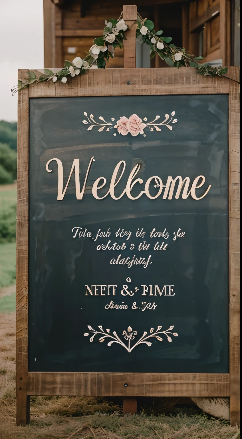 Design a wedding welcome sign immersed in rustic charm with wooden textures, delicate florals, and a handwritten script, setting the perfect scene for a countryside celebration.
