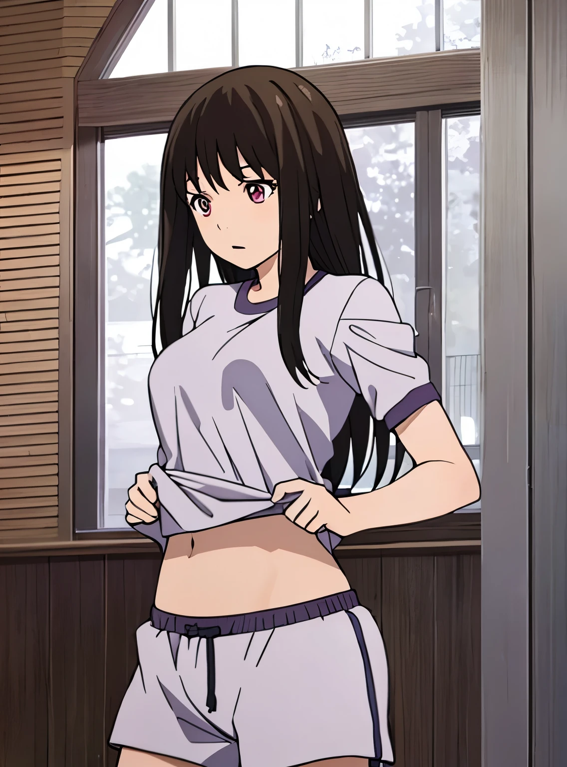 1girl, black hair, medium breast, gym short sleeve white shirt, gym shorts, cute, indoors, basketball court, gymnasium, cowboyshot, upperbody, perfect anatomy, towel wiping her head, shirt lift up, navel, 