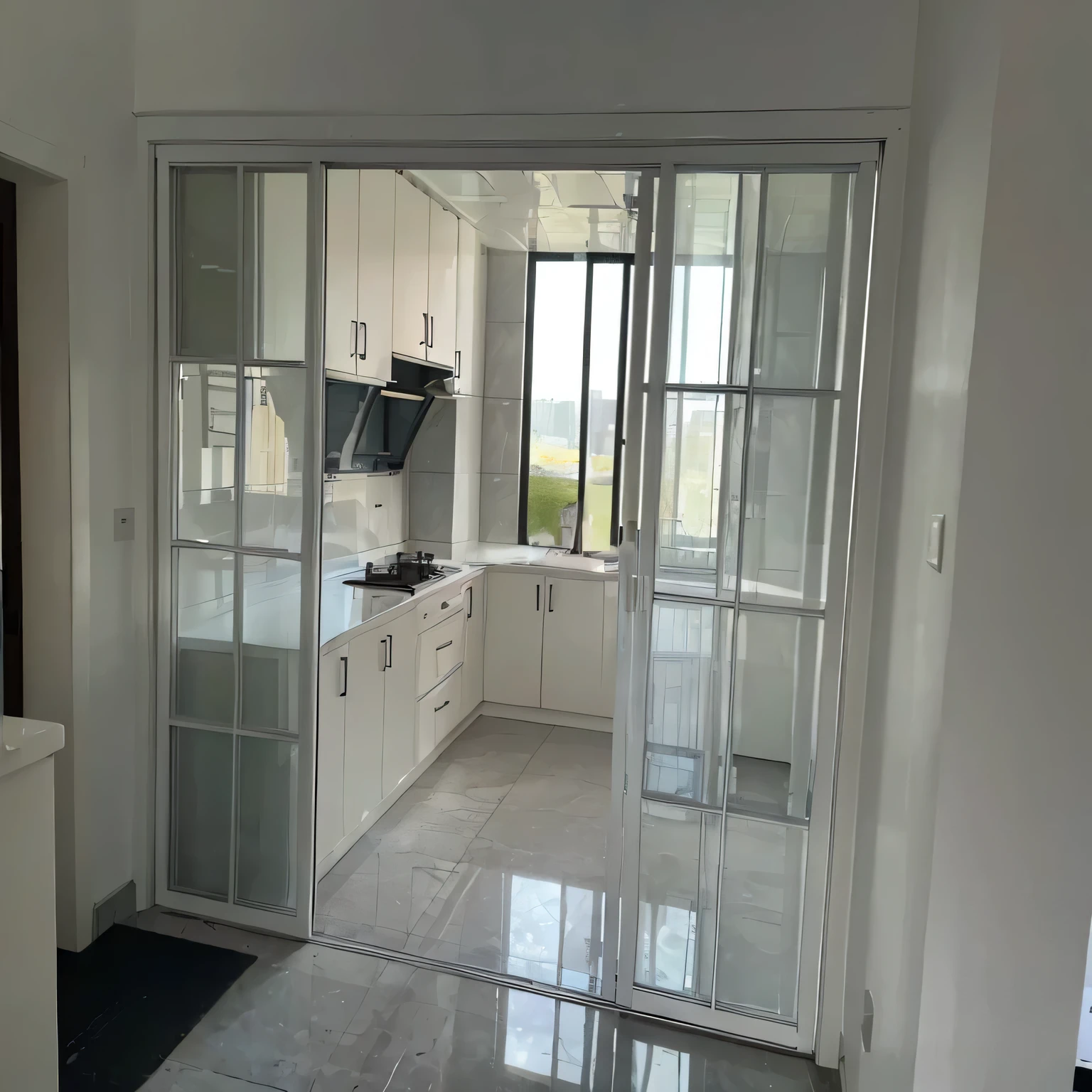 There a kitchen with glass doors and stove, Nested glass door, clear glass wall, With clear glass, big French doors and windows, balcony door, 3 doors, French doors and windows, apartment, sliding glass windows, ceiling to floor windows, location in a apartment, indoor, glass wall, 4 0 9 6, Glass opening, glossy white, many large windows