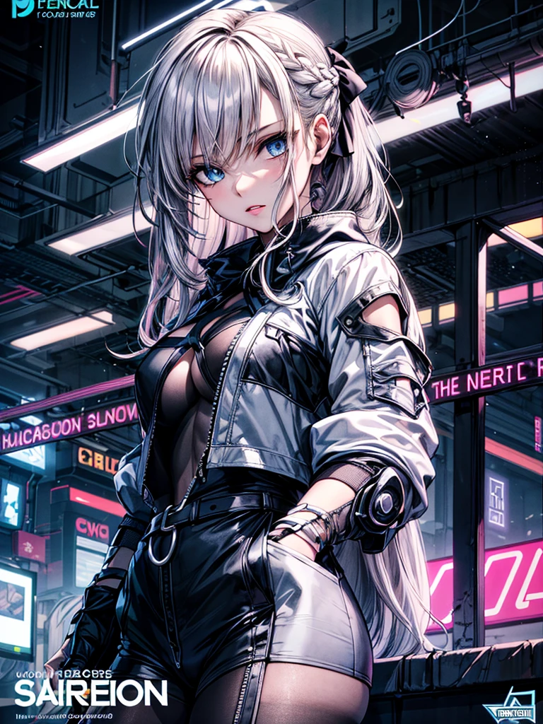 (Enrich the picture,Masterpiece level quality)Beautiful 8K CG artwork,1girl,solo,morgan le fay (fate),detailed face, perfect face, perfect eyes,blue eyes,Long Hair, pony tail,Very long hair, big boob, black bow,Hair Bow, thighs,side locks, French braid, grey hair,Slim and soft,big breasts,cleavage,hands in pocket,outdoors, night, neon lights,cyber punk