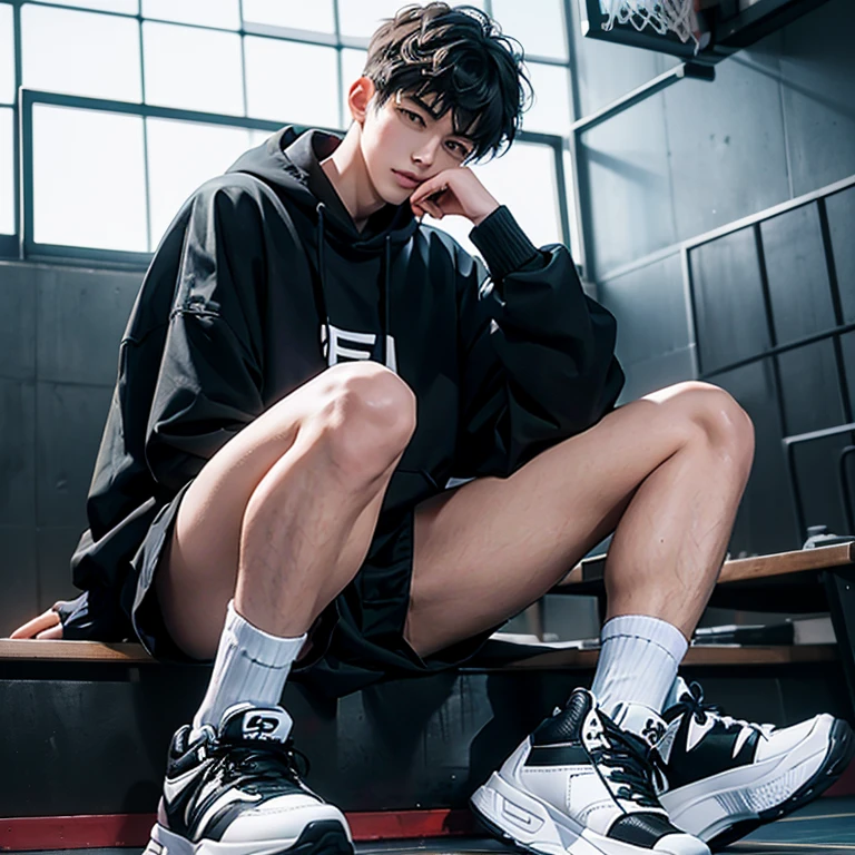 1 Korean young men，male，20 years old，High，Height 180 cm，Hair  medium length，Black sweatshirt，Black cargo pantlack and white high top sneakers，White sport socks，Sit on the basketball court，legs open，Place your hands between your legadass anime 4k ，POV perspective，Proud，Cold，looking into camera，