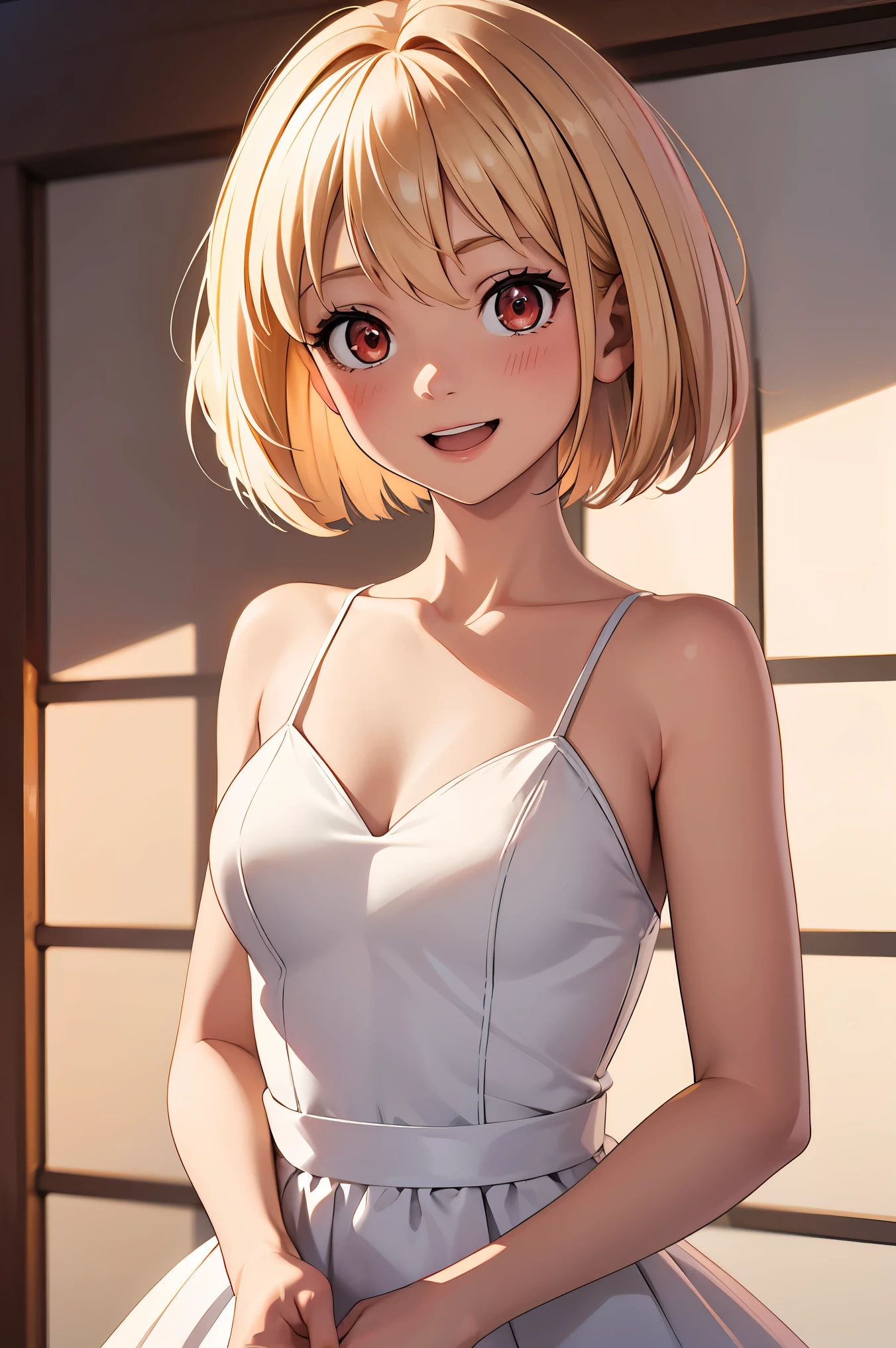 ((masterpiece, best quality, ultra-detailed, very fine 8KCG wallpapers)), 1 girl, solo, nishikigi chisato, lycoris_recoil, smile, blush, :D, short hair, hair between eyes, blonde hair, red eyes, medium breasts, (wedding dress:1.2), chapel,