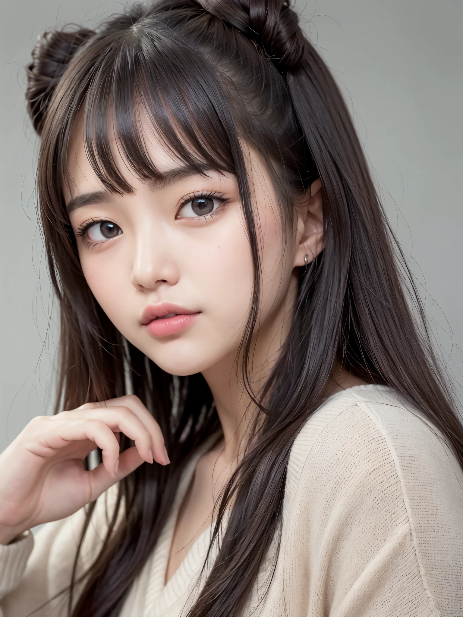 masterpiece、highest quality、Highest image quality、Super high quality、18 year old girl、Cute detailed girl、highly detailed eyes and face、Cute detailed face、Well-proportioned face、perfect skin、beautiful lips、look at me、face is facing forward、Japanese、japanese goddess、black hair、bangs、round face、black eyes、perfect description、Describe only the face、portrait