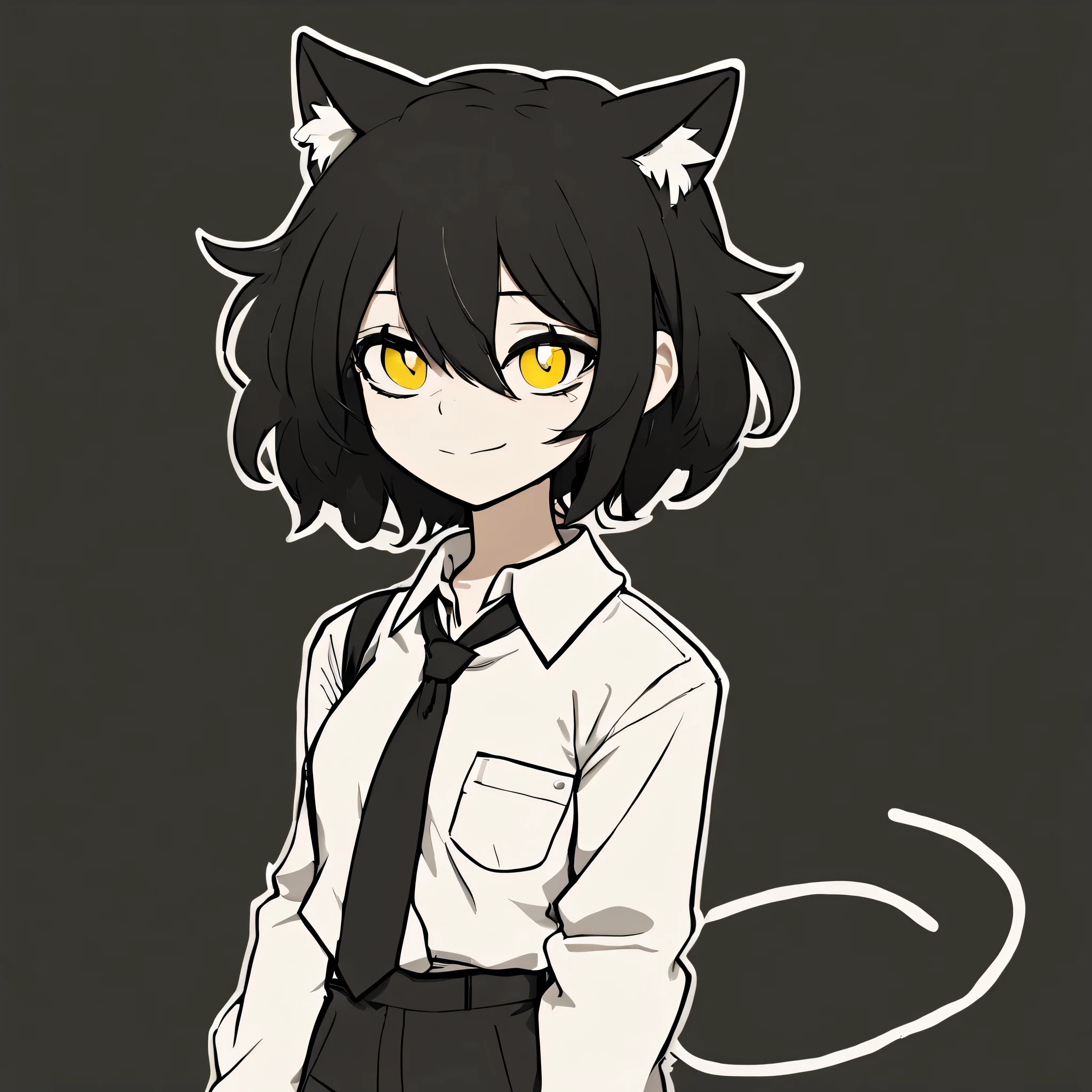 masterpiece, best quality, hires, high resolution, TCOAAL, white outline, bold outline, dark background, yellow eyes, black hair, 1girl, solo, monochrome:0.1, (white uniform:0.5), brown paper, smile,  short black bob hair, yellow eyes, Round glasses, petite body, wearing plain white formal work shirt, wearing long black pants, business tie,cat ears with white fur inside them,androgynous, bored face, not smiling