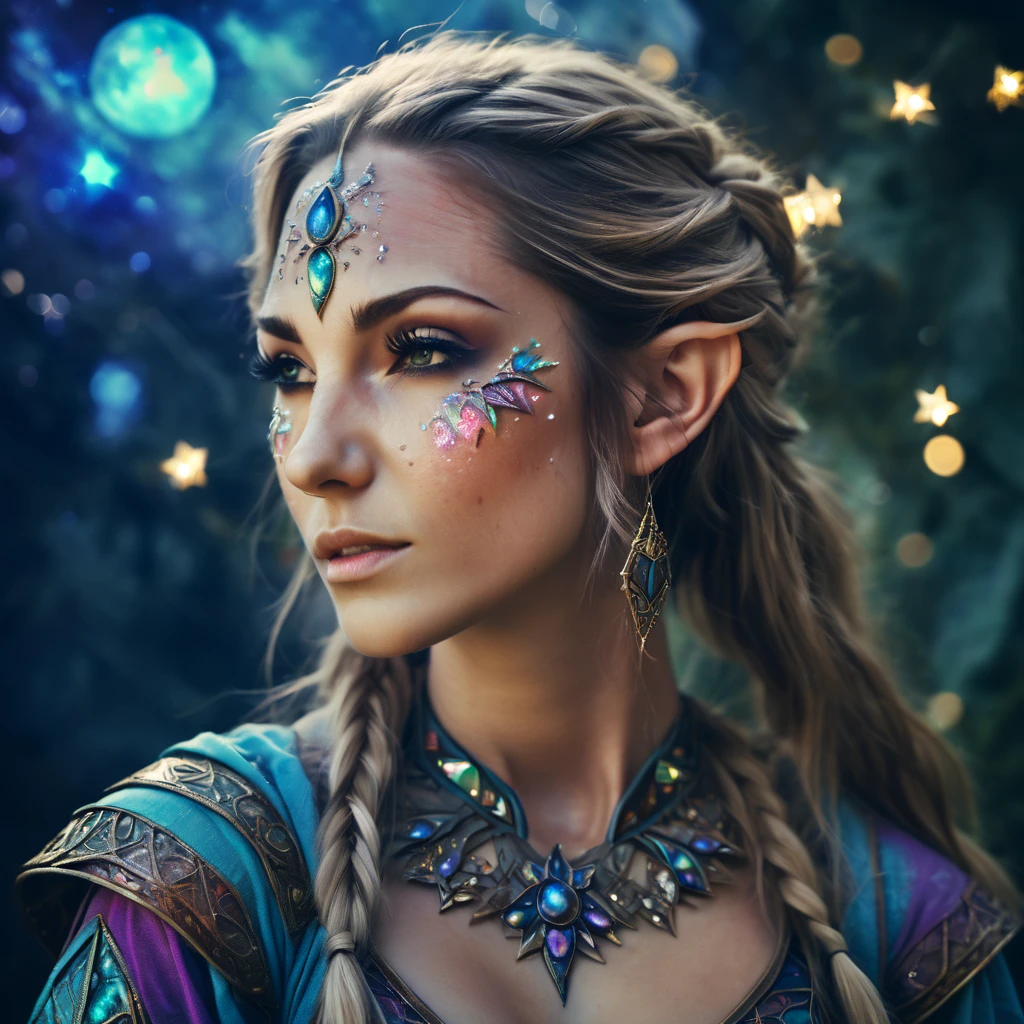 Marija. elf portraits, fantasy art, detailed features, vibrant colors, magical lighting, three side view, 1 side potrait,2 side close, 3 side in the batlle, photo collage) film grain, detailed pores and wrinkles on the skin film grain, detailed pores and wrinkles on the skin, detailed elf village in backfround, full of stars sky, zentangle costume style, facing camera,