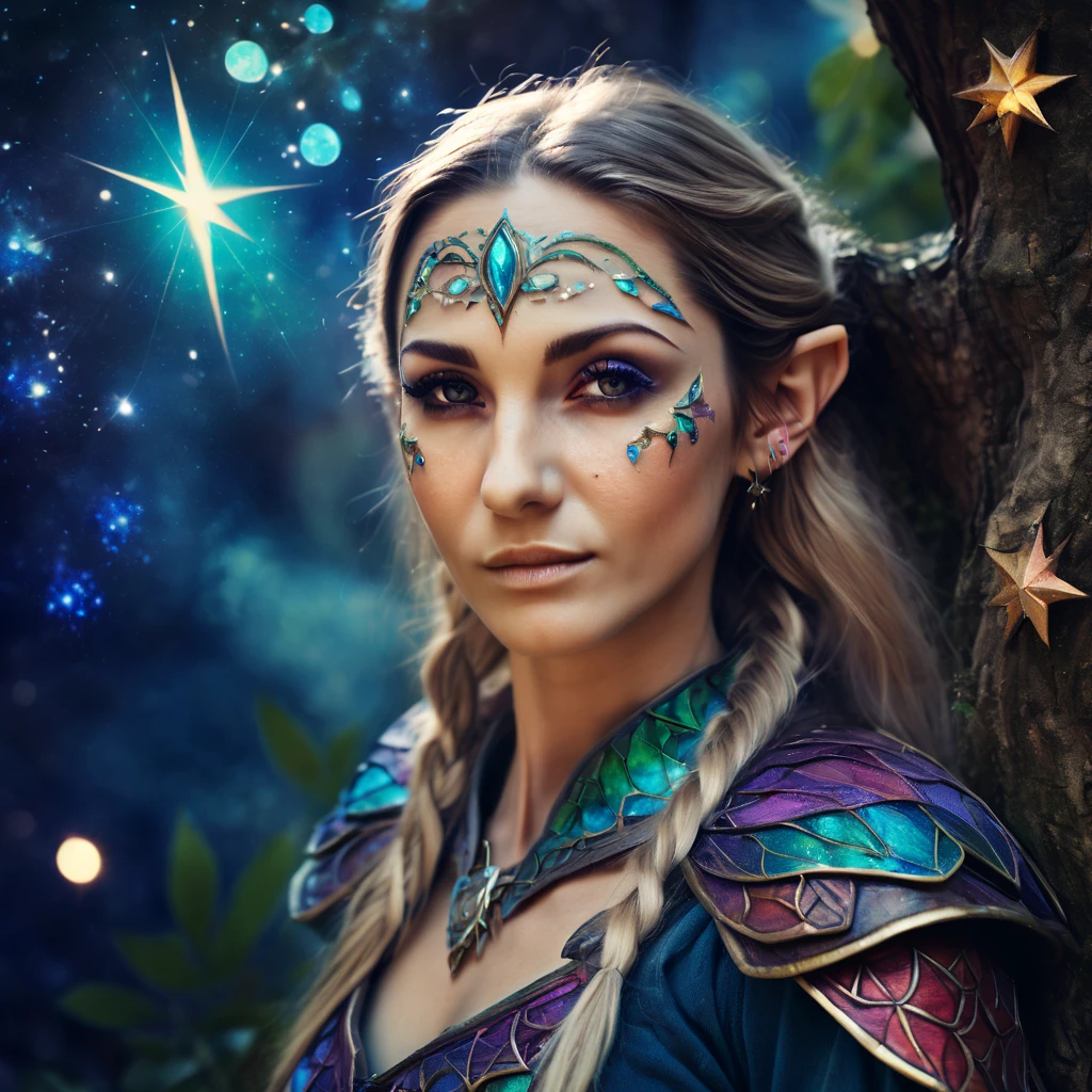 Marija. elf portraits, fantasy art, detailed features, vibrant colors, magical lighting, three side view, 1 side potrait,2 side close, 3 side in the batlle, photo collage) film grain, detailed pores and wrinkles on the skin film grain, detailed pores and wrinkles on the skin, detailed elf village in backfround, full of stars sky, zentangle costume style, facing camera,