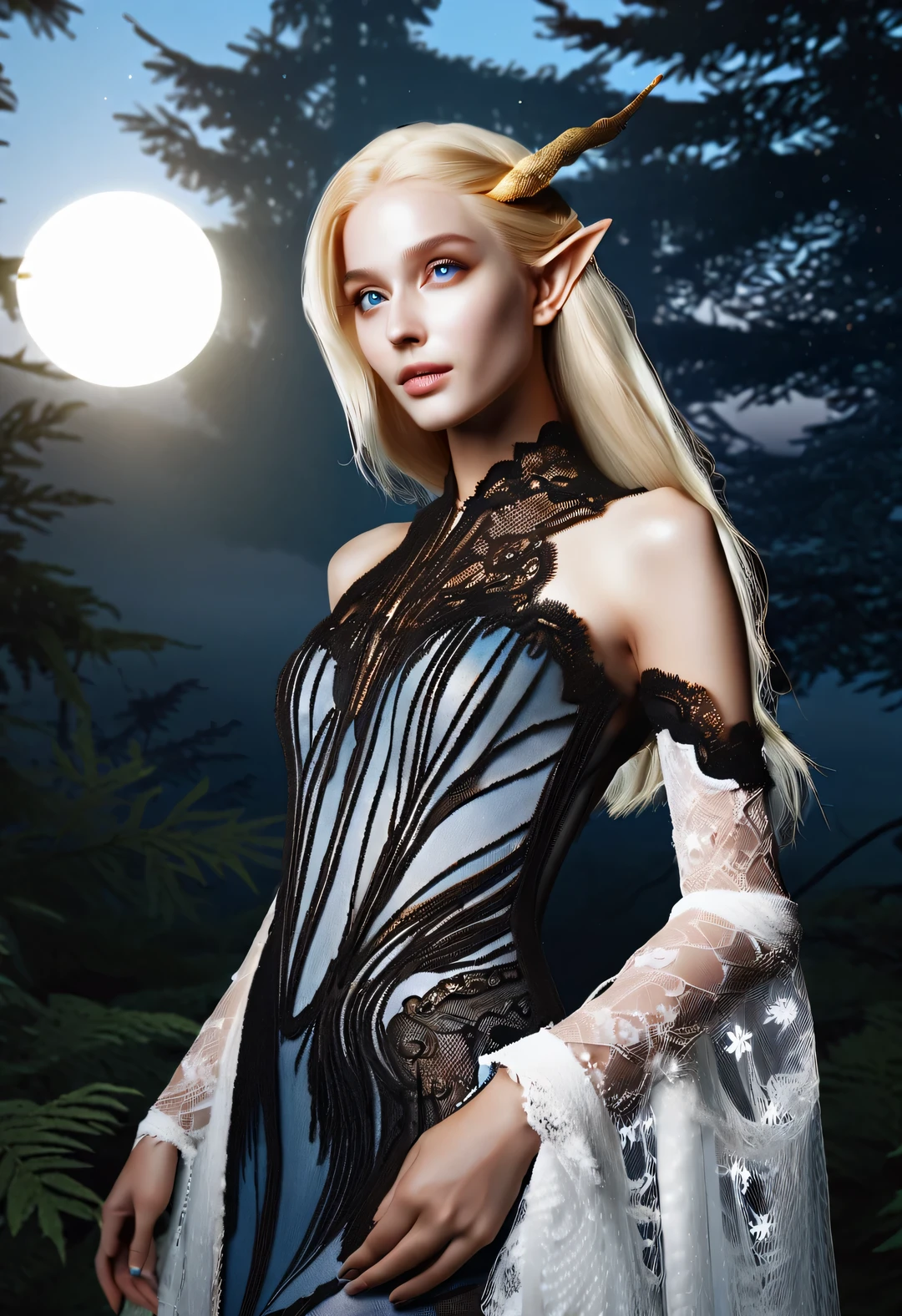 Old Master Painting, dark aesthetic, Charming half-length close-up of Nordic light elf, Has blonde hair, blue eyes, Exceptionally beautiful, minimalist, eternal melancholy, Stylish photography style, Dramatic firefly light, black to black, Asymmetrical composition, concept fantasy, intricate details, Perfect body, radiant skin, expressive eyes, High cheekbones, Delicate nose, bright smile, flowing hair, Wearing an exquisite white high-end lace wedding dress, Forest background under moonlight, Advertising style shoot, romantic wedding photography style, soft natural light, Shot with Canon AE-1 film camera, Lens 50mm, F/1.8, Deep light, pastel color palette, Very detailed, 8k,
--There are 2:3--5 o&#39;clock.1