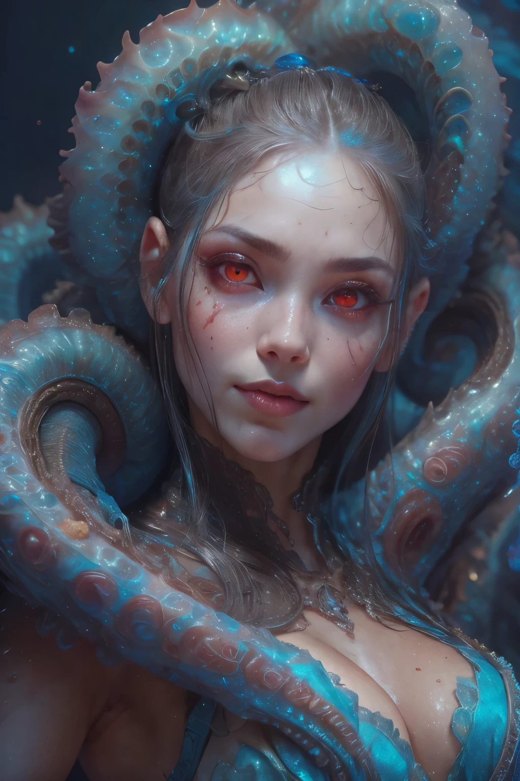 Portrait, (beautiful female alien:1.2), (she has red eyes with no pupils:1.8), (Translucent skin:1.7), (There is a female genital-like organ in the middle of the forehead:1.9), (The most beautiful face in the history of the universe:1.2),an evil gaze that seduces, (large mouth:1.1), (sharp teeth like a vampire:1.2), Full body portrait, (bio luminescent:1.5), (Smile wickedly:1.3), (sexypose:1.5), alien, No humans, cells are fused, (Lots of translucent tentacles:1.3) extraterrestrial, cell, bio image, best quality, 8K,In 4K_quality, High freshness, Dramatic Lighting, masutepiece:1.5,cinematic quality, detail up, (exquisite details:1.2), high resolution, High freshness, drawing faithfully, (Thick eyebrows:1.2), Beautiful eyes with fine symmetry,(Highly detailed face and eyes:1.2), Intimate face, (Super detailed skin quality feeling:1.4), perfect anatomy, (Beautiful toned body:1.5), (Moist skin:1.2), not wearing makeup, (dark circles:1.1), long canines, cinematic drawing of characters, ultra high quality model, cinematic quality, detail up, (exquisite details:1.2), high resolution, High freshness, drawing faithfully, official art, Unity 8K Wall , 8K Portrait, best quality, Very high resolution, ultra detailed artistic photography, midnight aura, unreal engine 5, Ultra Sharp Focus, art by alberto seveso, ArtGerm, Roisch, intricate artwork, best quality, masterpiece, ultra high resolution, (photos realistic:1.4), ultra realistic realism, dream-like, nautilus, Creation of fantasy, Snail, Dream Snail, (biopunk nautilus:1.3),Thrilling color schemes, ultra realistic realism, seductively smiling, Blue tentacles,