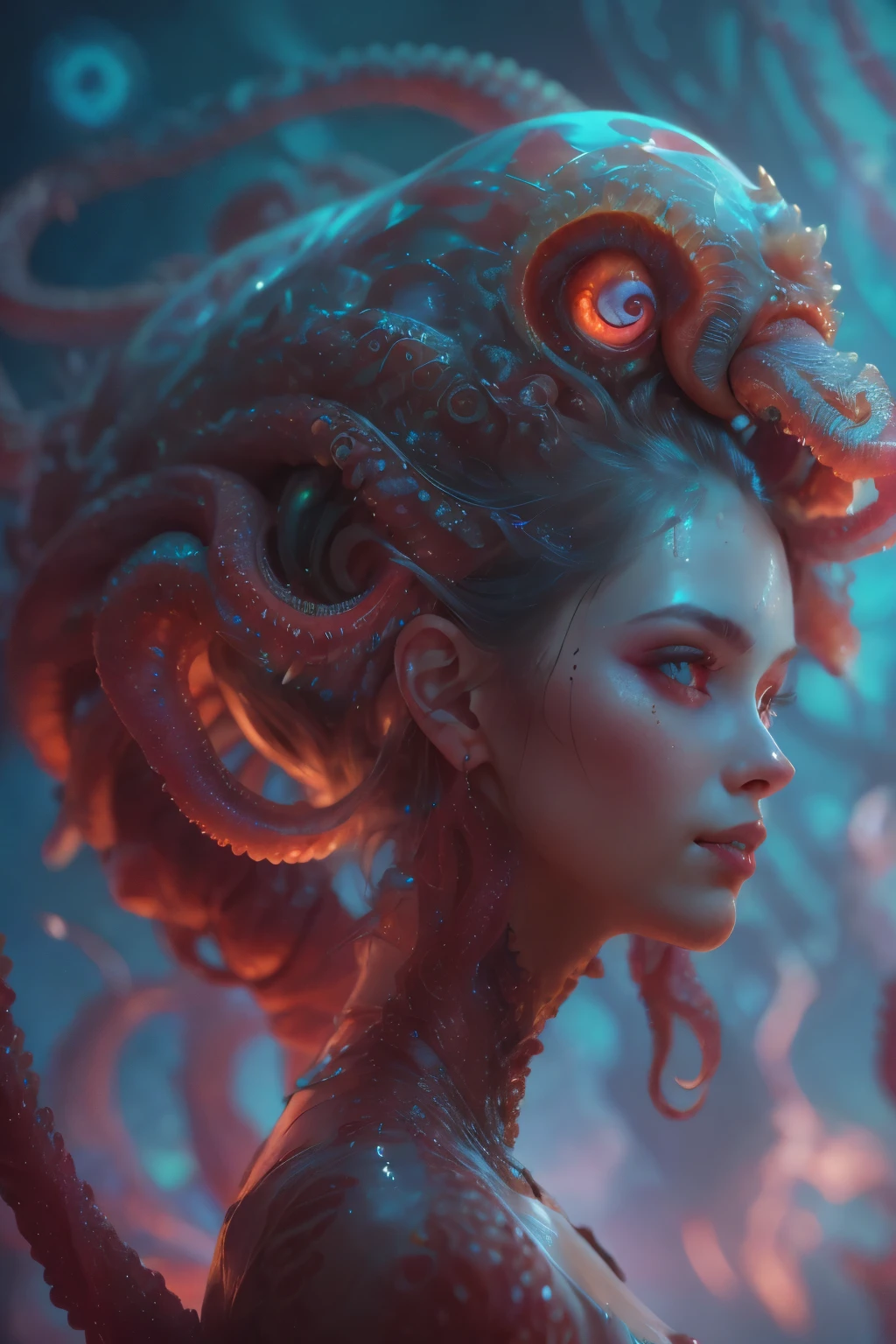 Portrait, (beautiful female alien:1.2),  (she has red eyes with no pupils:1.8), (Translucent skin:1.7),  (There is a female genital-like organ in the middle of the forehead:1.9), (The most beautiful face in the history of the universe:1.2),an evil gaze that seduces, (large mouth:1.1), (sharp teeth like a vampire:1.2), Full body portrait, (bio luminescent:1.5), (Smile wickedly:1.3),  (sexypose:1.5), alien, No humans, cells are fused, (Lots of translucent tentacles:1.3) extraterrestrial, cell, bio image, best quality, 8K,In 4K_quality, High freshness, Dramatic Lighting, masutepiece:1.5,cinematic quality, detail up, (exquisite details:1.2), high resolution, High freshness, drawing faithfully, (Thick eyebrows:1.2), Beautiful eyes with fine symmetry,(Highly detailed face and eyes:1.2), Intimate face, (Super detailed skin quality feeling:1.4), perfect ,  (Beautiful toned body:1.5),  (Moist skin:1.2), not wearing makeup, (dark circles:1.1), long canines, cinematic drawing of characters, ultra high quality model, cinematic quality, detail up, (exquisite details:1.2), high resolution, High freshness, drawing faithfully, official art, Unity 8K Wall  , 8K Portrait, best quality, Very high resolution, ultra detailed artistic photography, midnight aura,  unreal engine 5, Ultra Sharp Focus, art by alberto seveso, ArtGerm, Roisch, intricate artwork, best quality, masterpiece, ultra high resolution, (photos realistic:1.4), ultra realistic realism, dream-like, nautilus, Creation of fantasy, Snail, Dream Snail, (biopunk nautilus:1.3),Thrilling color schemes, ultra realistic realism, seductively smiling, Blue tentacles,