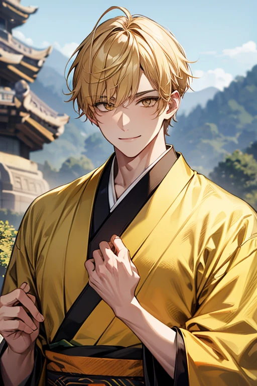 extremely detailed, 1 man, solo, perfect face, pretty face, highly detailed face,yellow short hair, yellow eyebrows、Handsome man with expressive eyes, smiling, yellow eyes、(((kimono)))、Huangze Ryota