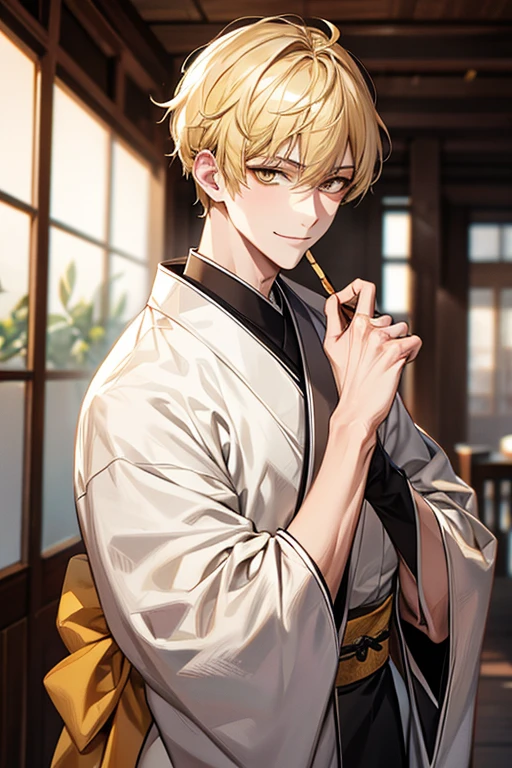 extremely detailed, 1 man, solo, perfect face, pretty face, highly detailed face,yellow short hair, yellow eyebrows、Handsome man with expressive eyes, smiling, yellow eyes、(((kimono)))、Huangze Ryota