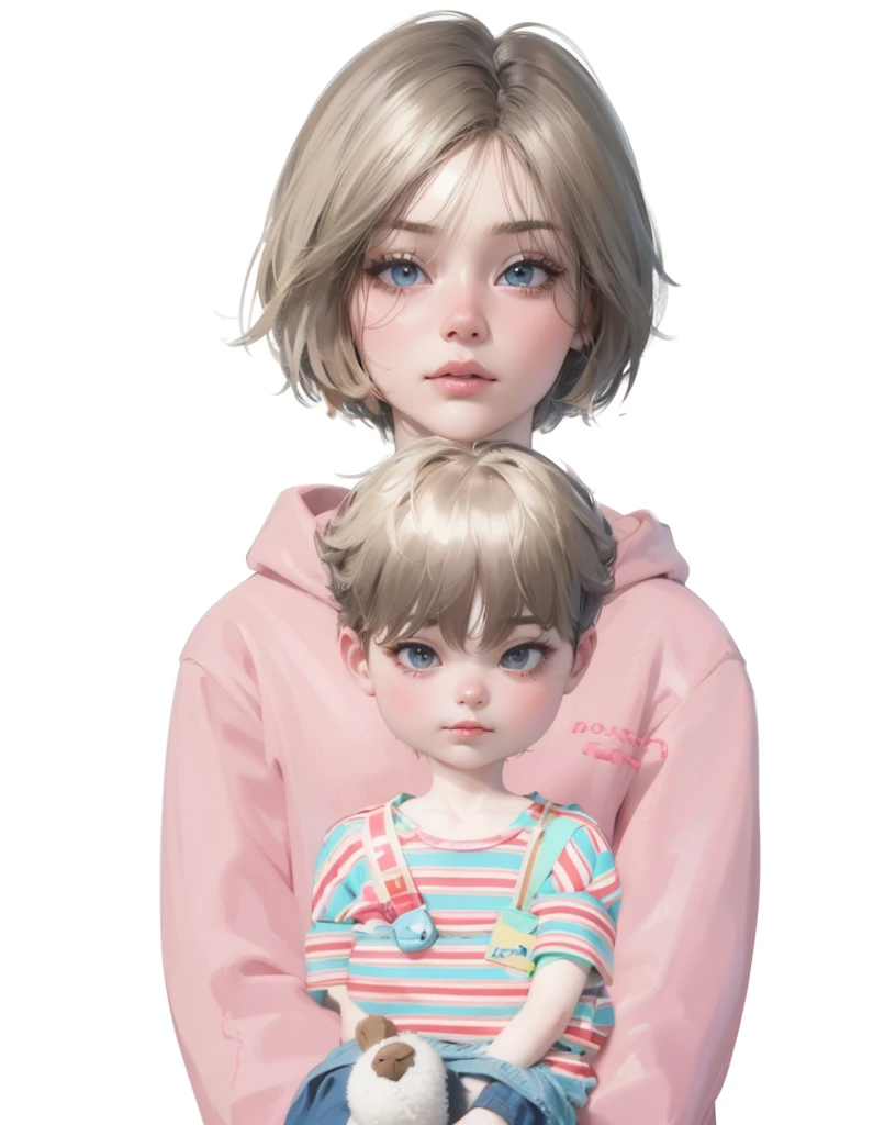 ( High quality , ultra detailed, careful with hand and face ) Dark, HD quality, Zepeto characters, realistic woman and ********** body, focus on face, pretty woman, cute chubby ********** holding a teddy bear, both characters looking at the camera.