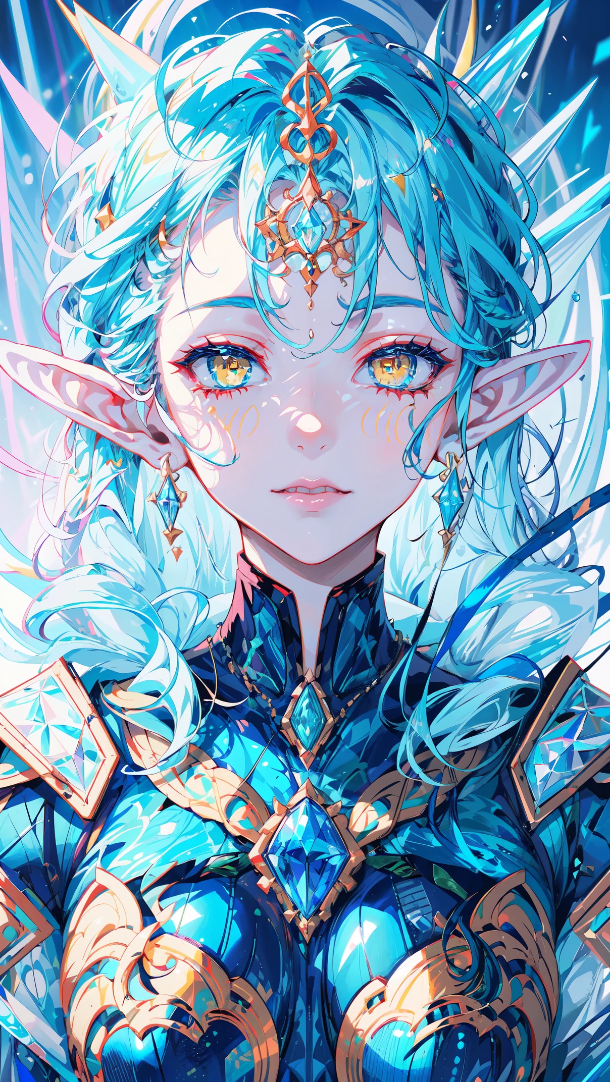 (portrait of an ice elf:1.2), medium length elf ears, pointy ears,ice around, frosty theme,( shiny yellow eyes:1.2), light cold smile, arrogant facial expression, sexy Russian style costume, Blue crystal jewelry, icy blue glowing tattoos,Detailed,Realistic,4k highly detail,by Mappa studios,masterpiece,best quality,official art,illustration,ligne claire,(cool_color),perfect composition,fantasy,focused,rule of third