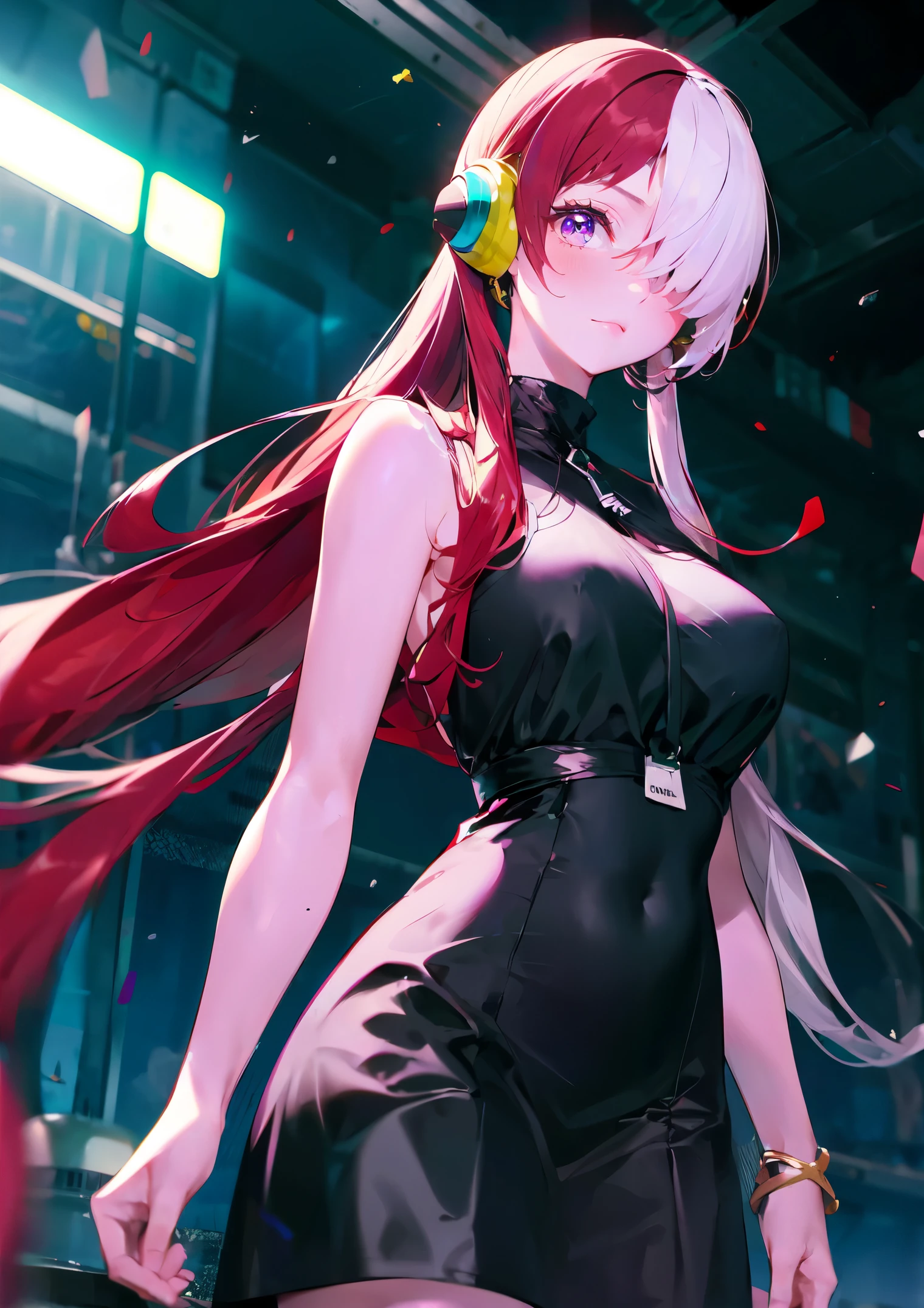 masterpiece, best quality, highres, 1girl, split-color hair, hair over one eye, red hair, multicolored hair, long hair, purple eyes, two-tone hair, hair rings, headphones, white hair, , bangs, very long hair, medium breasts, black dress,