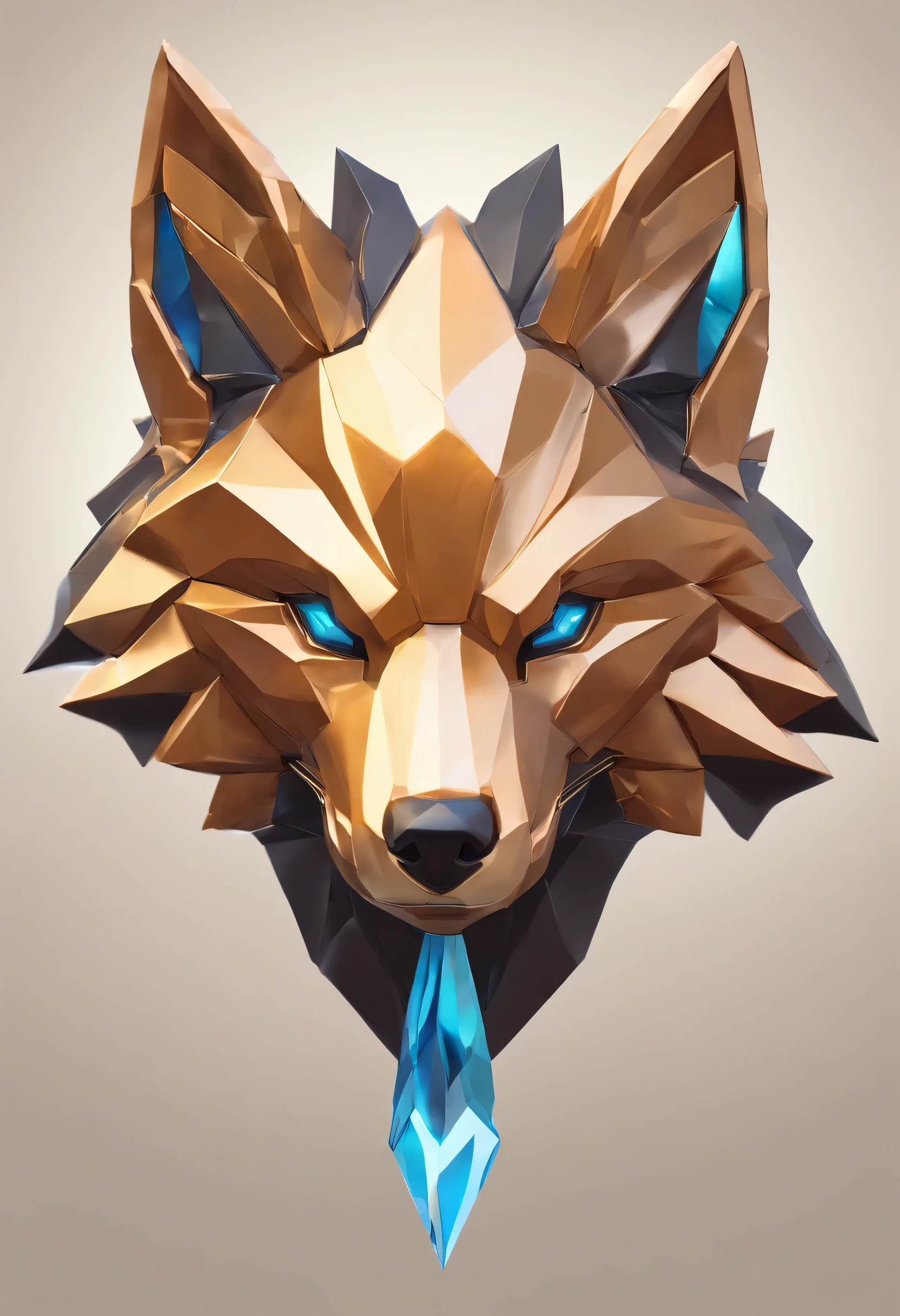 Game medallion with metal fox head close-up with crown，Close-up of the fox's head，hearthstone art style, Hearthstone style art, hearthstone concept art, Riot game concept art, style of league of legends, iconic character splash art, League of Legends crown，Game badge，Surrounding metal feathers，copper gold，c4d渲染，Less detail，less detailing，Huge metal fox head in the middle，The head has gorgeous gemstones