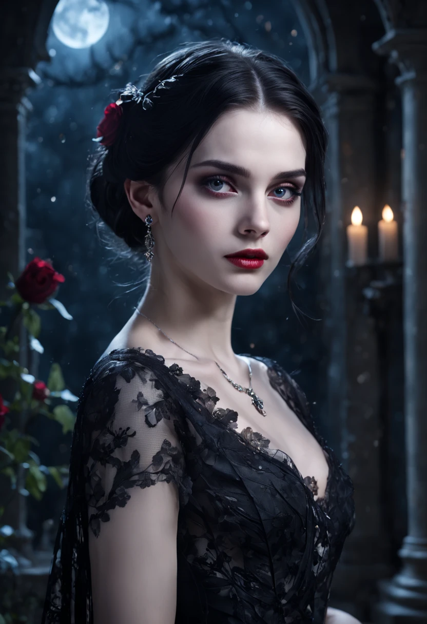 Vampire Princess,26 years old,breathtakingly beautiful,red eyes,whitish blackhair,(best quality,4k,8k,highres,masterpiece:1.2),ultra-detailed,(realistic,photorealistic,photo-realistic:1.37),softly glowing pale skin,pure blooded,porcelain-like complexion,elegant and refined features,graceful posture,dark and mysterious atmosphere,gothic fashion,flowing black lace dress,touch of red in her clothes,dainty silver jewelry with ruby accents,subtle yet captivating smile,slightly pointed canines,translucent wings resembling bat wings,subtle shimmering effect on her wings,gardens filled with blooming blood roses,vivid red petals contrasted with the darkness,enchanting moonlit night,dark and hauntingly beautiful castle in the background,splashes of moonlight illuminating her ethereal beauty,dark shadows and dramatic lighting,icy stare that freezes the hearts of those who dare to meet her gaze,air of authority and power,symbol of both danger and allure,night sky filled with swirling mist and sparkling stars,subtle color palette with shades of deep blue,purple,and black,subdued lighting with soft moonlight casting an ethereal glow,vibrant yet elegant style,with a touch of darkness and mystery,portraits,scifi.