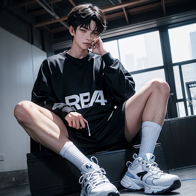 1 Korean young men,male,20 years old,High,Height 180 cm,Hair medium length,Black sweatshirt,Black cargo pants,legs open,Black and white high top sneakers,White sport socks,Sit on the basketball court,Place your hands between your legadass anime 4k ,POV perspective,Proud,Cold,looking into camera,