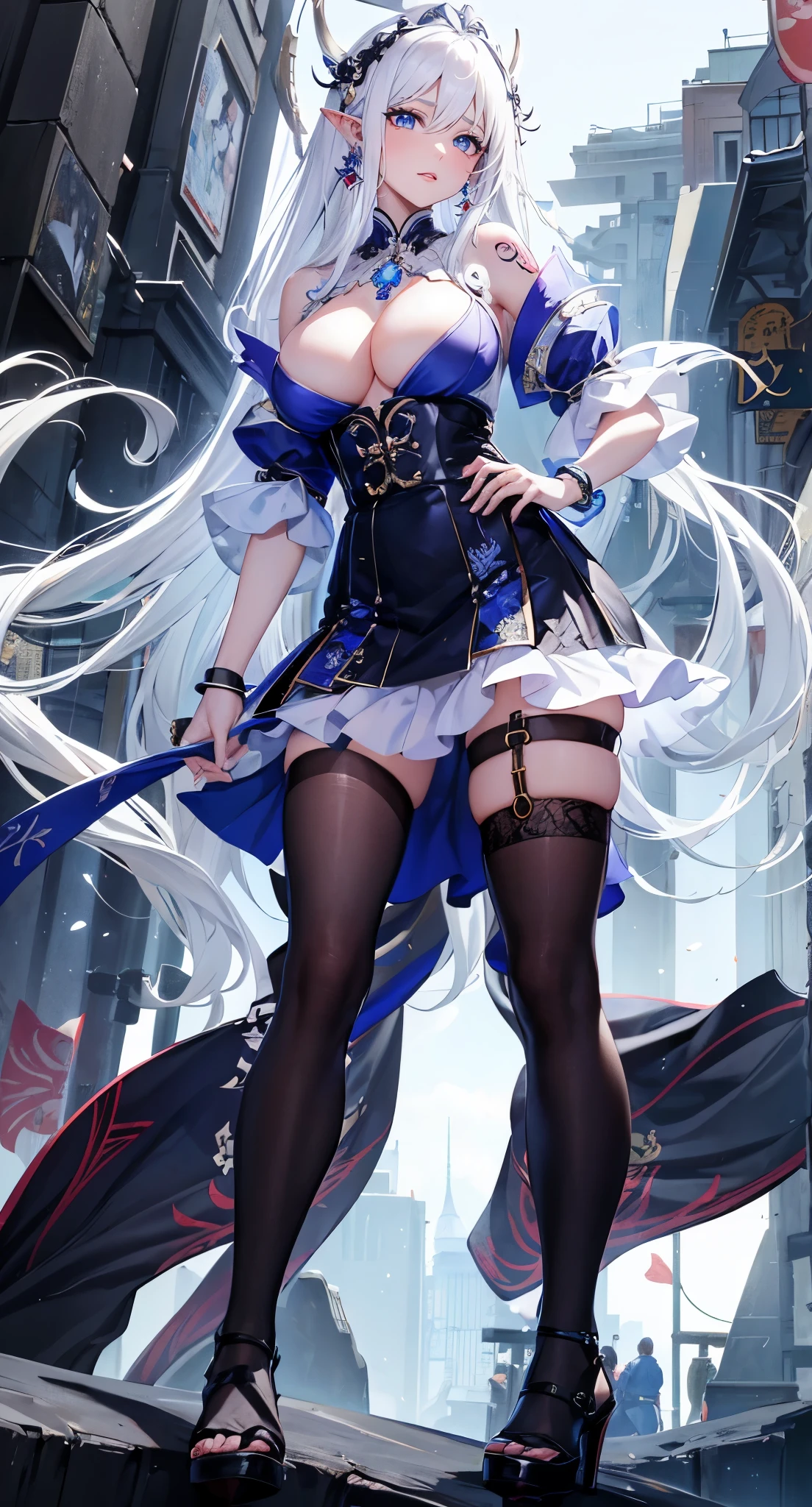(white hair ),白色long hair,close up,dream world,Elf mature, 银白色long hair,long hair,tear nevus,earrings,(lipstick,earrings),necklace,a pair of bracelets,Sling blue hip skirt,humanoid, paris bar background, her skin white, fair complexion,blue eyes,白色long hair, Two long black stocking legs,High heel,black legs,,tattoo