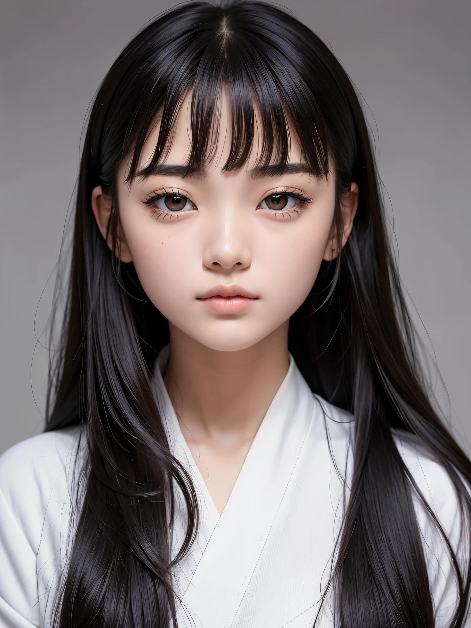 masterpiece、highest quality、Highest image quality、Super high quality、18 year old girl、Cute detailed girl、highly detailed eyes and face、Cute detailed face、Well-proportioned face、perfect skin、beautiful lips、look at me、face is facing forward、Japanese、japanese goddess、black hair、bangs、round face、black eyes、perfect description、Describe only the face、portrait、Gray background