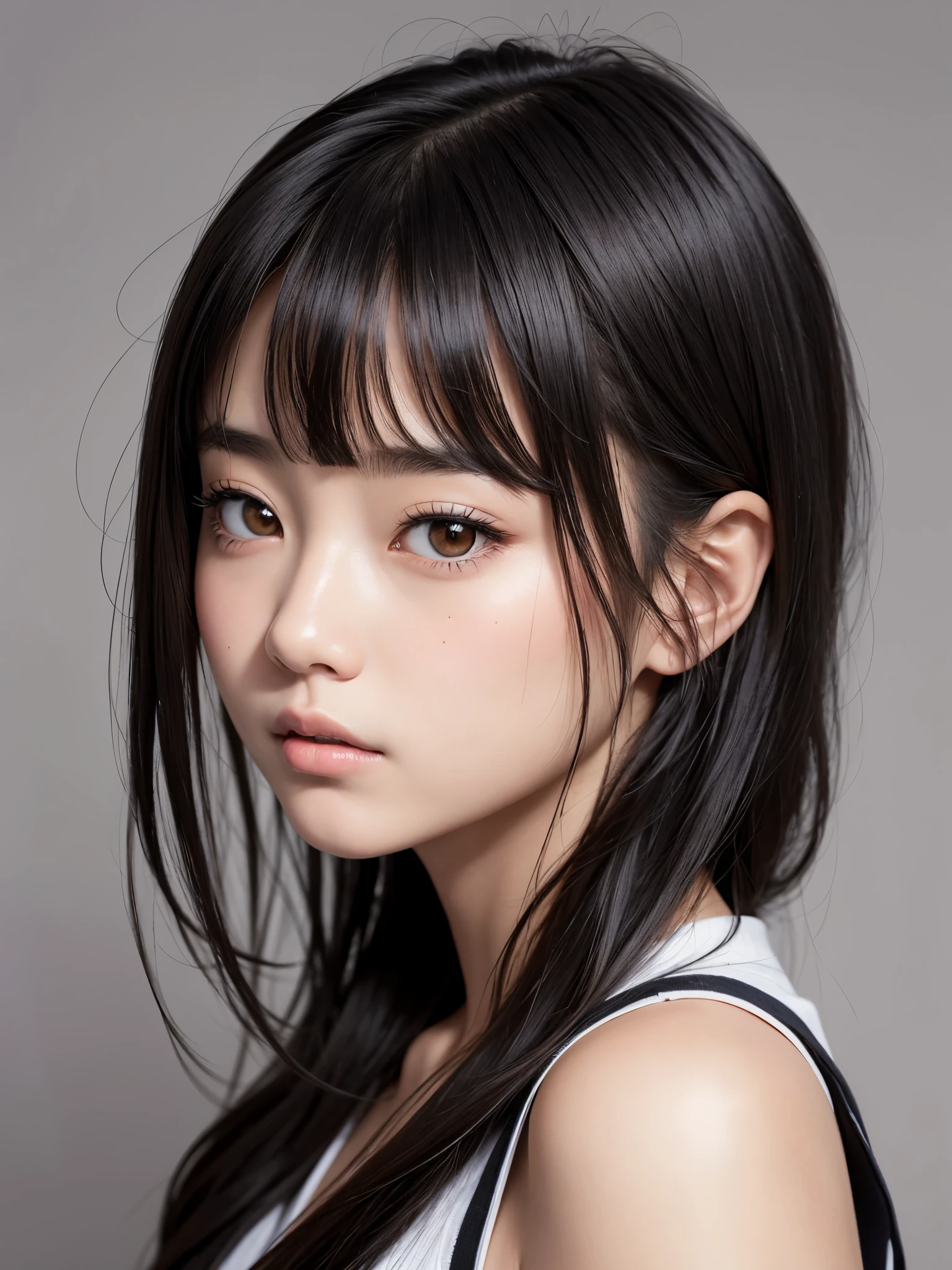 masterpiece、highest quality、Highest image quality、Super high quality、18 year old girl、Cute detailed girl、highly detailed eyes and face、Cute detailed face、Well-proportioned face、perfect skin、beautiful lips、look at me、face is facing forward、Japanese、japanese goddess、black hair、bangs、round face、black eyes、perfect description、Describe only the face、portrait、Gray background