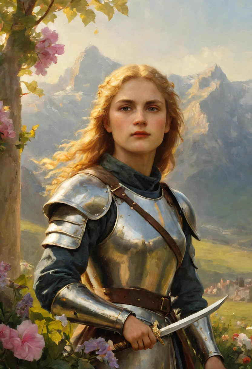 jeanne d'arc, Jungfrau, Gorgeous, Portraits, Vibrant colors, soft lighting, oil painting, realistic, detailed eyes and face, flowing golden hair, determined expression, graceful posture, medieval armor, shining sword, divine halo, standing on a hill, surrounded by flowers, majestic mountains in the background, heavenly rays of light, masterpiece:1.2, ultra-detailed, HDR, professional, bokeh