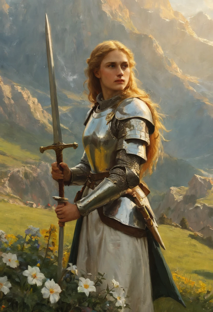 jeanne d'arc, Jungfrau, Gorgeous, Portraits, Vibrant colors, soft lighting, oil painting, realistic, detailed eyes and face, flowing golden hair, determined expression, graceful posture, medieval armor, shining sword, divine halo, standing on a hill, surrounded by flowers, majestic mountains in the background, heavenly rays of light, masterpiece:1.2, ultra-detailed, HDR, professional, bokeh