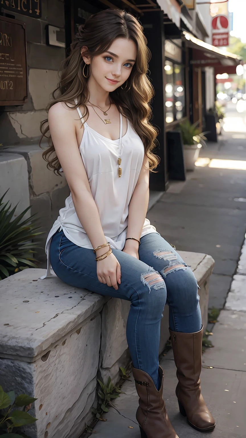 22 year old white female、Hair color is brunette、blue eyes、long hair、The ends of the hair are wavy、setting hair、accessories on wrist、wearing a necklace、has earrings、skin is smooth、Slender but muscular body、smile、Wearing American armhole tops、wearing skinny jeans、smile、I'm wearing short boots、Sitting on a stone block in the city looking at me
