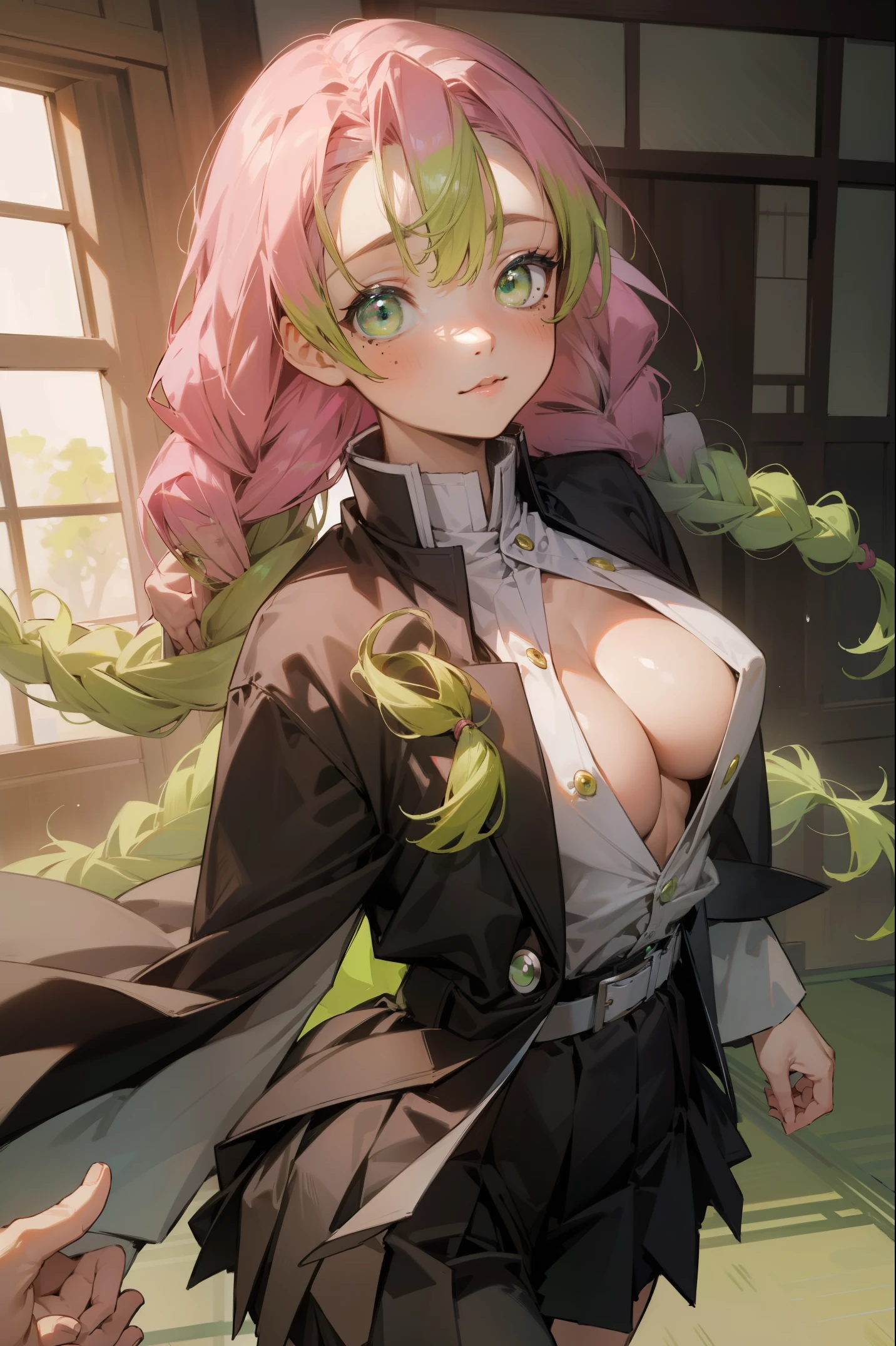 mitsurikanroji, mitsuri kanroji, braid, gradient hair, (green eyes:1.5), green hair, long hair, mole,  mole under eye, multicolored hair, pink hair, twin braids, two-tone hair,
BREAK belt, black skirt, cleavage, coat, demon slayer uniform, haori, japanese clothes, long sleeves, miniskirt,  partially unbuttoned, pleated skirt, skirt, uniform,
BREAK looking at viewer,
BREAK indoors,
BREAK (masterpiece:1.2), best quality, high resolution, unity 8k wallpaper, (illustration:0.8), (beautiful detailed eyes:1.6), extremely detailed face, perfect lighting, extremely detailed CG, (perfect hands, perfect anatomy),