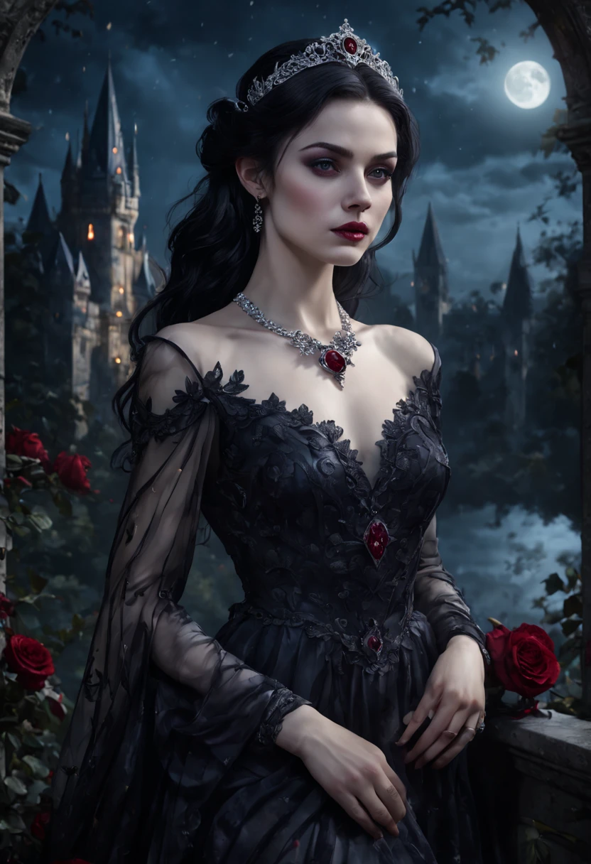 Vampire Princess,36 years old,breathtakingly beautiful,red eyes,whitish blackhair,(best quality,4k,8k,highres,masterpiece:1.2),ultra-detailed,(realistic,photorealistic,photo-realistic:1.37),softly glowing pale skin,pure blooded,porcelain-like complexion,elegant and refined features,graceful posture,dark and mysterious atmosphere,gothic fashion,flowing black lace dress,touch of red in her clothes,dainty silver jewelry with ruby accents,subtle yet captivating smile,slightly pointed canines,translucent wings resembling bat wings,subtle shimmering effect on her wings,gardens filled with blooming blood roses,vivid red petals contrasted with the darkness,enchanting moonlit night,dark and hauntingly beautiful castle in the background,splashes of moonlight illuminating her ethereal beauty,dark shadows and dramatic lighting,icy stare that freezes the hearts of those who dare to meet her gaze,air of authority and power,symbol of both danger and allure,night sky filled with swirling mist and sparkling stars,subtle color palette with shades of deep blue,purple,and black,subdued lighting with soft moonlight casting an ethereal glow,vibrant yet elegant style,with a touch of darkness and mystery,portraits,scifi.
