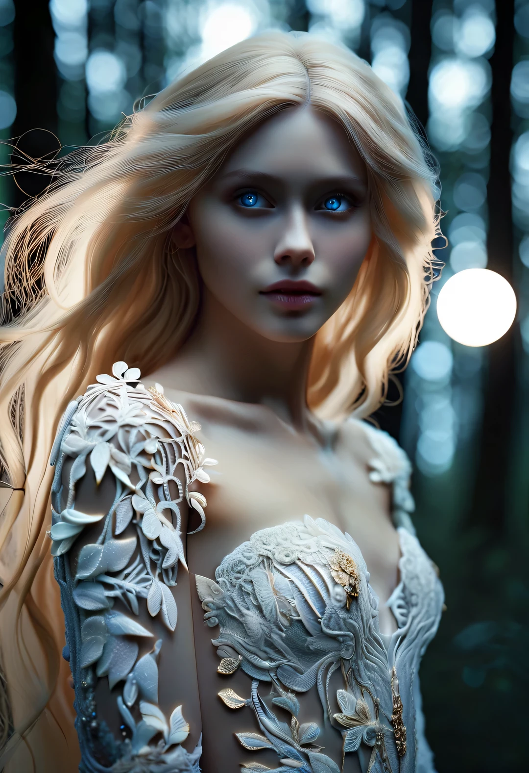  look straight ahead,
Scandinavian elf charming half-length close-up photo,Old Master Painting, dark aesthetic,， Has blonde hair, blue eyes, Exceptionally beautiful, minimalist, eternal melancholy, Stylish photography style, Dramatic firefly light, black to black, Asymmetrical composition, concept fantasy, intricate details, Perfect body, radiant skin, expressive eyes, High cheekbones, Delicate nose, bright smile, flowing hair, Wearing an exquisite white high-end lace wedding dress, Forest background under moonlight, Advertising style shoot, romantic wedding photography style, soft natural light, Shot with Canon AE-1 film camera, Lens 50mm, F/1.8, Deep light, pastel color palette, Very detailed, 8k,