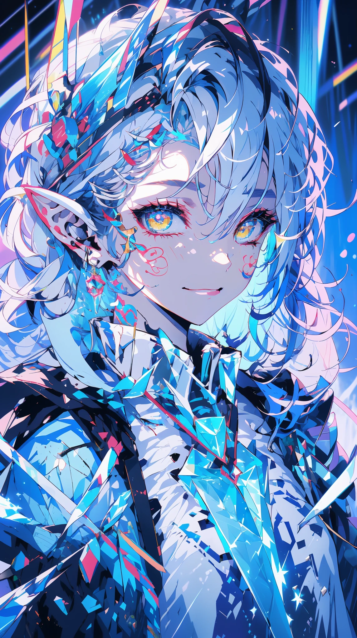 (portrait of an ice elf:1.2), medium length elf ears, pointy ears,ice around, frosty theme,( shiny yellow eyes:1.2), light cold smile, arrogant facial expression, sexy Russian style costume, Blue crystal jewelry, icy blue glowing tattoos,Detailed,Realistic,4k highly detail,by Mappa studios,masterpiece,best quality,official art,illustration,ligne claire,(cool_color),perfect composition,fantasy,focused,rule of third