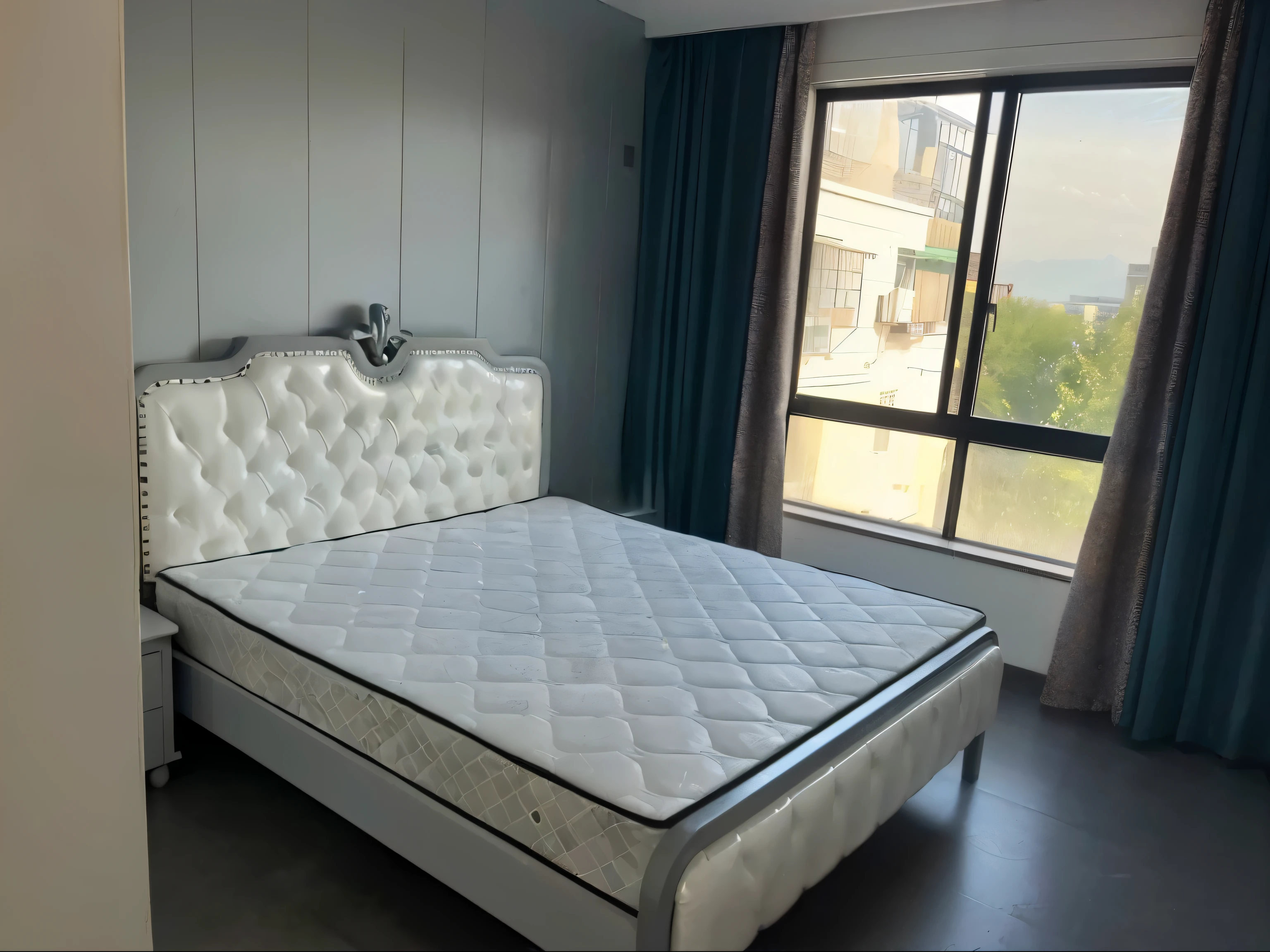 一张带有白色floor头板和窗户的floor的特写, White floor, The floor not done, floor房, Spacious and comfortable floor, floor, With natural light as background, floor在右边, unfinished floors, 2 5 6 x 2 5 6, 256x256, high quality, 小The floor not done