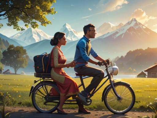 (a Belgian man:1.1,a Nepali woman:1.1),married couple, bicycle ride,(early 60s),scenic landscape,serene atmosphere (best quality,4k,highres),(portrait:1.2),(photorealistic:1.37),(vivid colors),(soft warm tone),gentle lighting