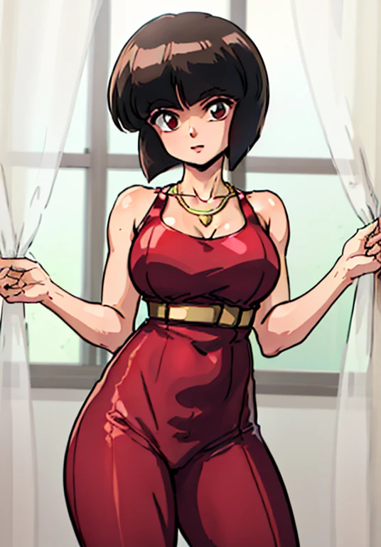 tendounabiki, medium_breasts, standing, solo, red_sleeveless_dress_neckline_plunging_curtain_pelvic_backless_outfit_gold_belt_gold_necklace, masterpiece, best quality, detailed face, detailed eyes, high resolution,