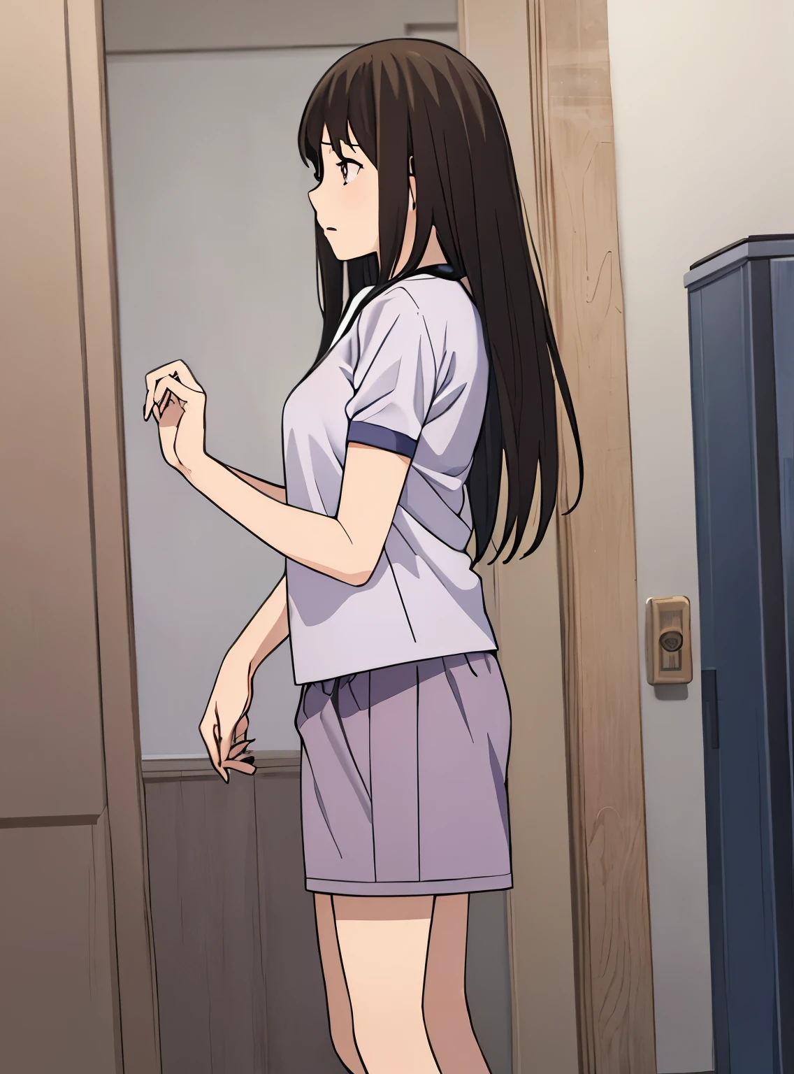 1girl, black hair, medium breast, gym short sleeve white shirt, gym shorts, face to face, 1boy, brown hair, standing, indoors, storage room