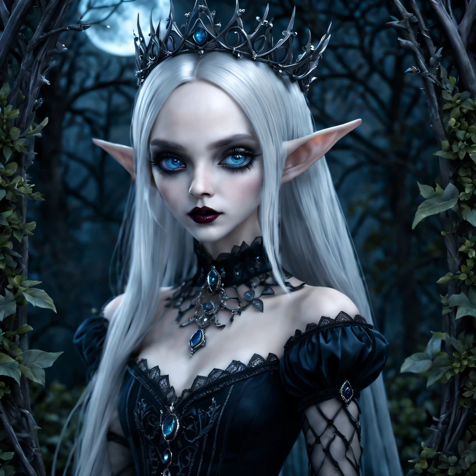 (best quality,4K,8k,high resolution,masterpiece:1.2),Super detailed,(actual,photoactual,photo-actual:1.37),Gothic,portrait,fairy queen,sharp focus,blue eyes,Flowing white hair,Salient features,Detailed lips,pale skin,mysterious smile,thorn crown,exquisite jewelry,long and pointed ears,charming gaze,black lace dress,veil,Moonlight Garden,Forest background under moonlight,Moonlight casts shadows,dark aura,Stylish design,ethereal beauty,nipple process,The presence of majesty,charming gaze,subtle glow,ethereal light