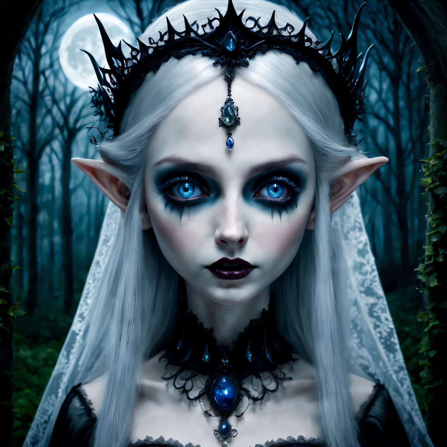 (best quality,4K,8k,high resolution,masterpiece:1.2),Super detailed,(actual,photoactual,photo-actual:1.37),Gothic,portrait,fairy queen,sharp focus,blue eyes,Flowing white hair,Salient features,Detailed lips,pale skin,mysterious smile,thorn crown,exquisite jewelry,long and pointed ears,charming gaze,black lace dress,veil,Moonlight Garden,Forest background under moonlight,Moonlight casts shadows,dark aura,Stylish design,ethereal beauty,nipple process,The presence of majesty,charming gaze,subtle glow,ethereal light