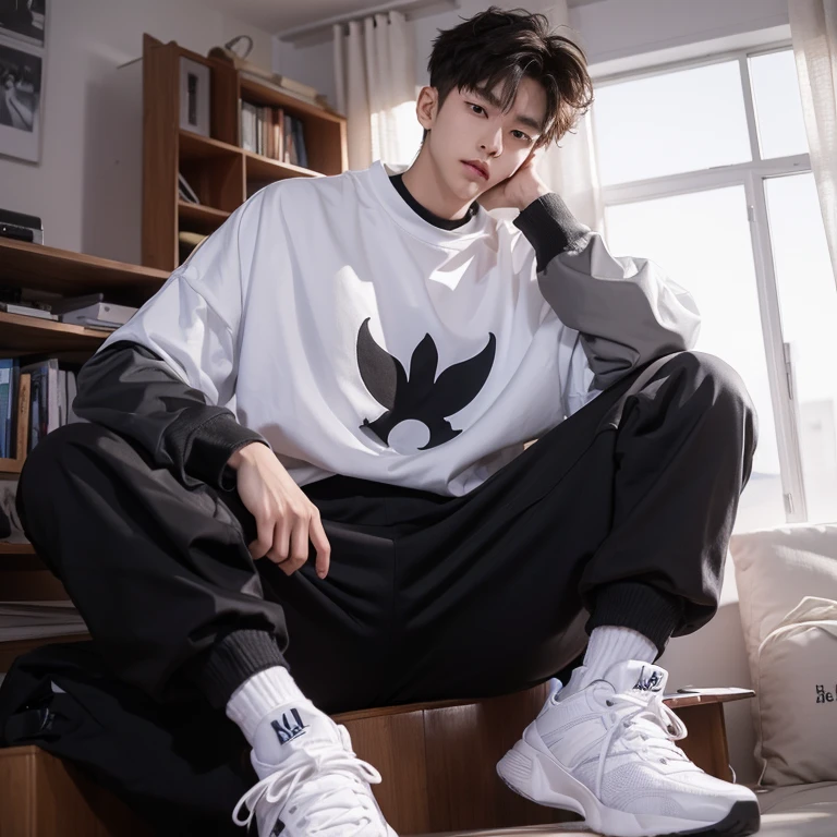 1 Korean Youth,male,20 years old,High,Height 180 cm,Hair of medium length,Black sweatshirt,Black trousers and white high-top basketball shoes,White sport socks,Sitting stepdaughter anime 4k ,POV perspective,proudly,cold,looking at camera,