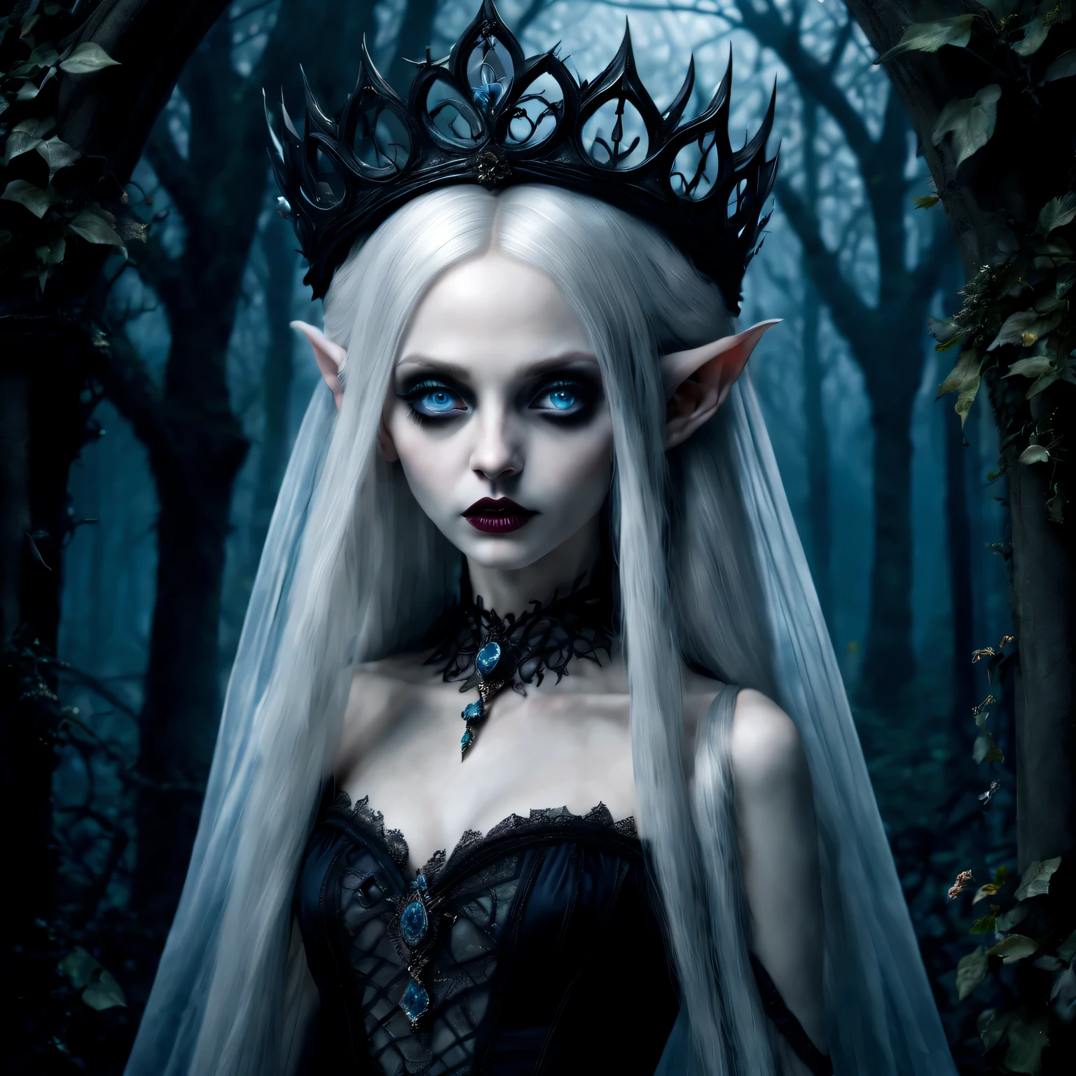 (best quality,4K,8k,high resolution,masterpiece:1.2),Super detailed,(actual,photoactual,photo-actual:1.37),Gothic,portrait,fairy queen,sharp focus,blue eyes,Flowing white hair,Salient features,Detailed lips,pale skin,mysterious smile,thorn crown,exquisite jewelry,long and pointed ears,charming gaze,black lace dress,veil,Moonlight Garden,Forest background under moonlight,Moonlight casts shadows,dark aura,Stylish design,ethereal beauty,nipple process,The presence of majesty,charming gaze,subtle glow,ethereal light
