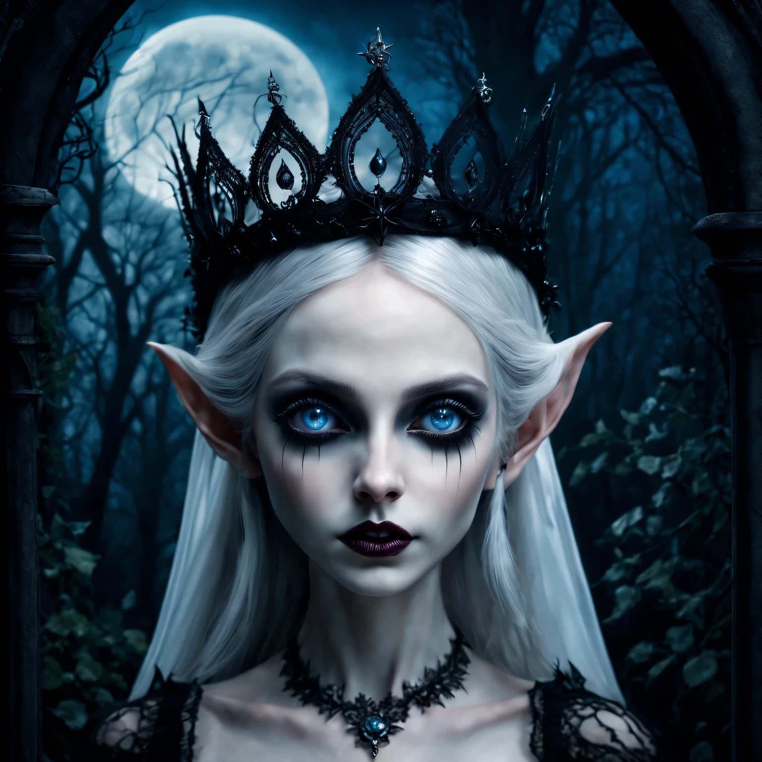 (best quality,4K,8k,high resolution,masterpiece:1.2),Super detailed,(actual,photoactual,photo-actual:1.37),Gothic,portrait,fairy queen,sharp focus,blue eyes,Flowing white hair,Salient features,Detailed lips,pale skin,mysterious smile,thorn crown,exquisite jewelry,long and pointed ears,charming gaze,black lace dress,veil,Moonlight Garden,Forest background under moonlight,Moonlight casts shadows,dark aura,Stylish design,ethereal beauty,nipple process,The presence of majesty,charming gaze,subtle glow,ethereal light