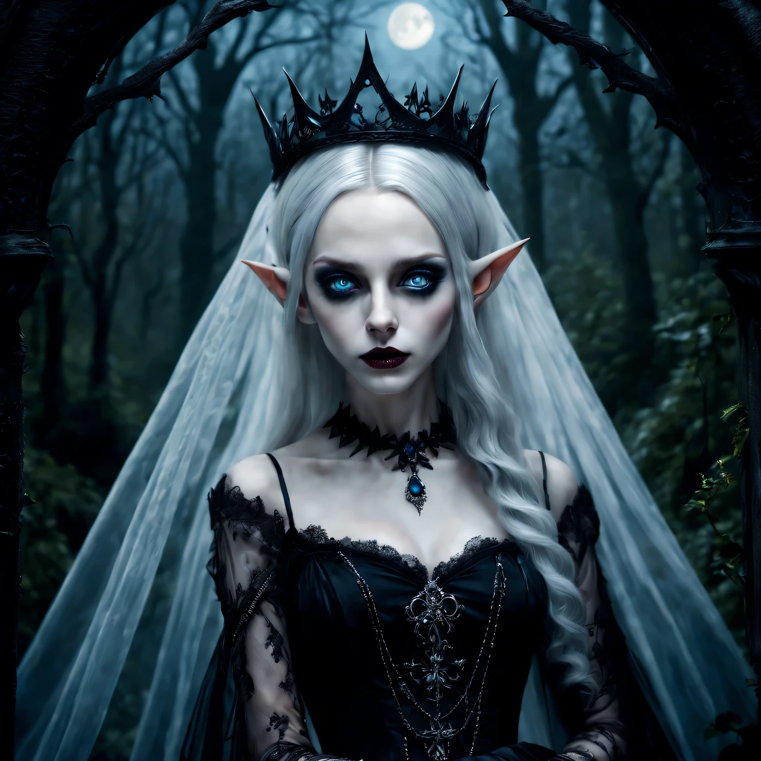 (best quality,4K,8k,high resolution,masterpiece:1.2),Super detailed,(actual,photoactual,photo-actual:1.37),Gothic,portrait,fairy queen,sharp focus,blue eyes,Flowing white hair,Salient features,Detailed lips,pale skin,mysterious smile,thorn crown,exquisite jewelry,long and pointed ears,charming gaze,black lace dress,veil,Moonlight Garden,Forest background under moonlight,Moonlight casts shadows,dark aura,Stylish design,ethereal beauty,nipple process,The presence of majesty,charming gaze,subtle glow,ethereal light