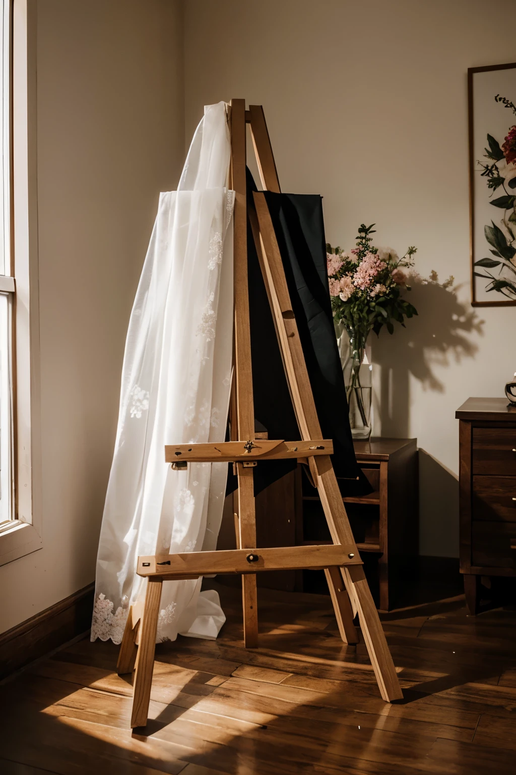 There is an easel,Logo and flowers in the background, easel, In Canva, Wedding, Very aesthetic, Fondo pintado floral, Vignette, 1614572159, with flowers and plants, abcdefghijklmnopqrstuvwxyz, Self-restraint, nature and floral aesthetics
