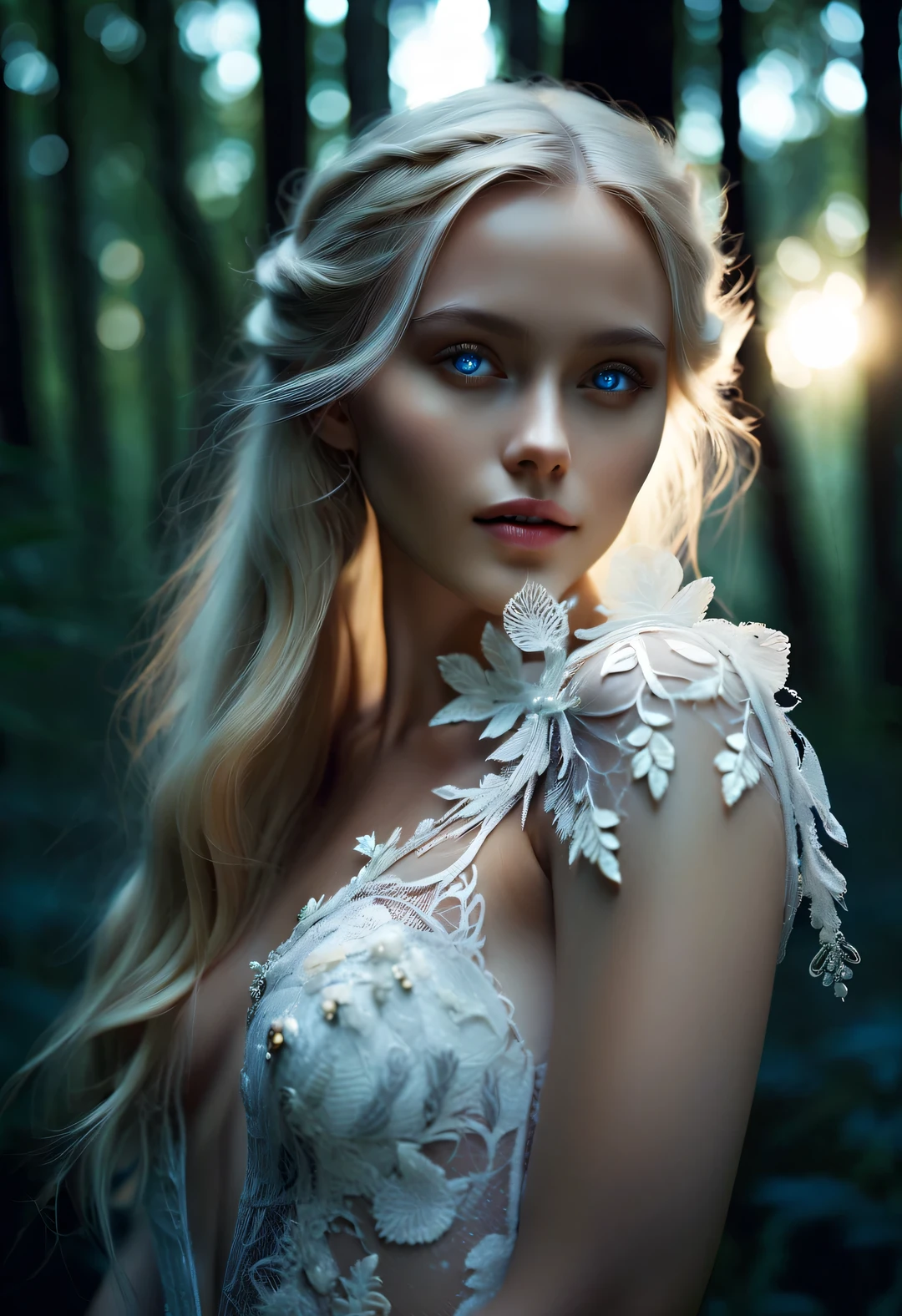 look straight ahead,
Scandinavian elf charming half-length close-up photo,Old Master Painting, dark aesthetic,, Has blonde hair, blue eyes, Exceptionally beautiful, minimalist, eternal melancholy, Stylish photography style, Dramatic firefly light, black to black, Asymmetrical composition, concept fantasy, intricate details, Perfect body, radiant skin, expressive eyes, High cheekbones, Delicate nose, bright smile, flowing hair, Wearing an exquisite white high-end lace wedding dress, Forest background under moonlight, Advertising style shoot, romantic wedding photography style, soft natural light, Shot with Canon AE-1 film camera, Lens 50mm, F/1.8, Deep light, pastel color palette, Very detailed, 8k,